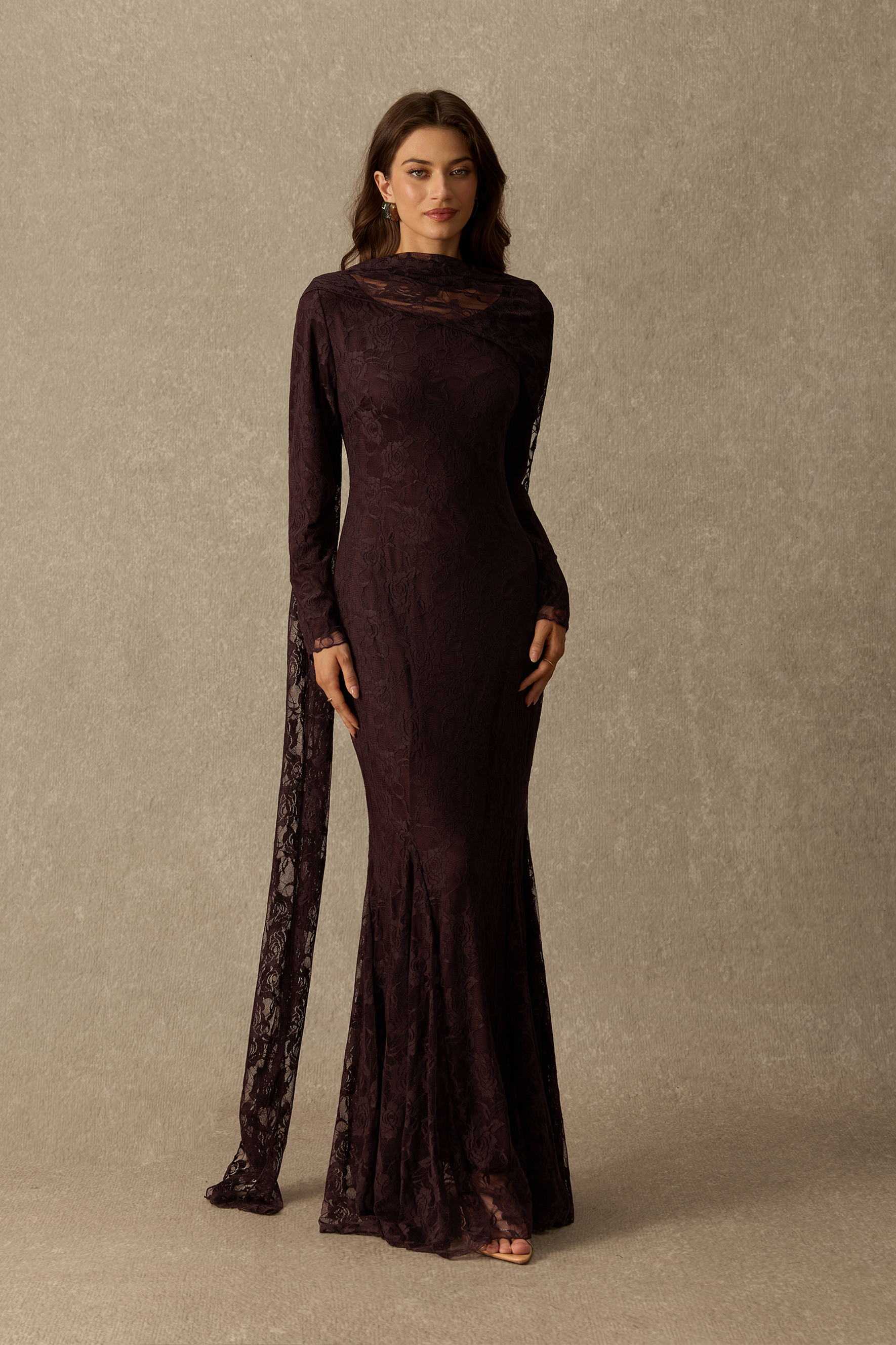 Candlelit Secrets Long Sleeve Floral Lace Maxi Dress With Scarf