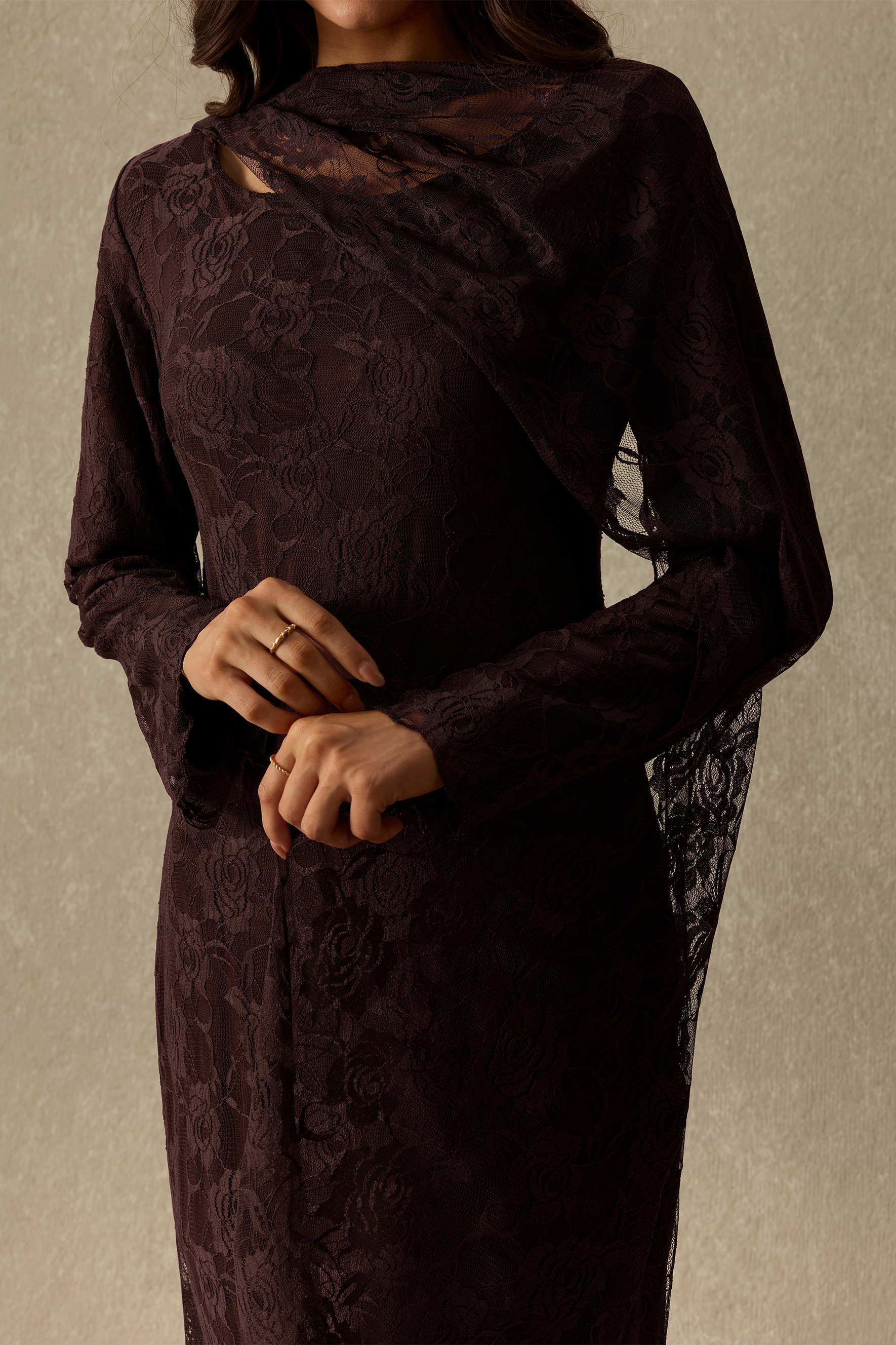 Candlelit Secrets Long Sleeve Floral Lace Maxi Dress With Scarf