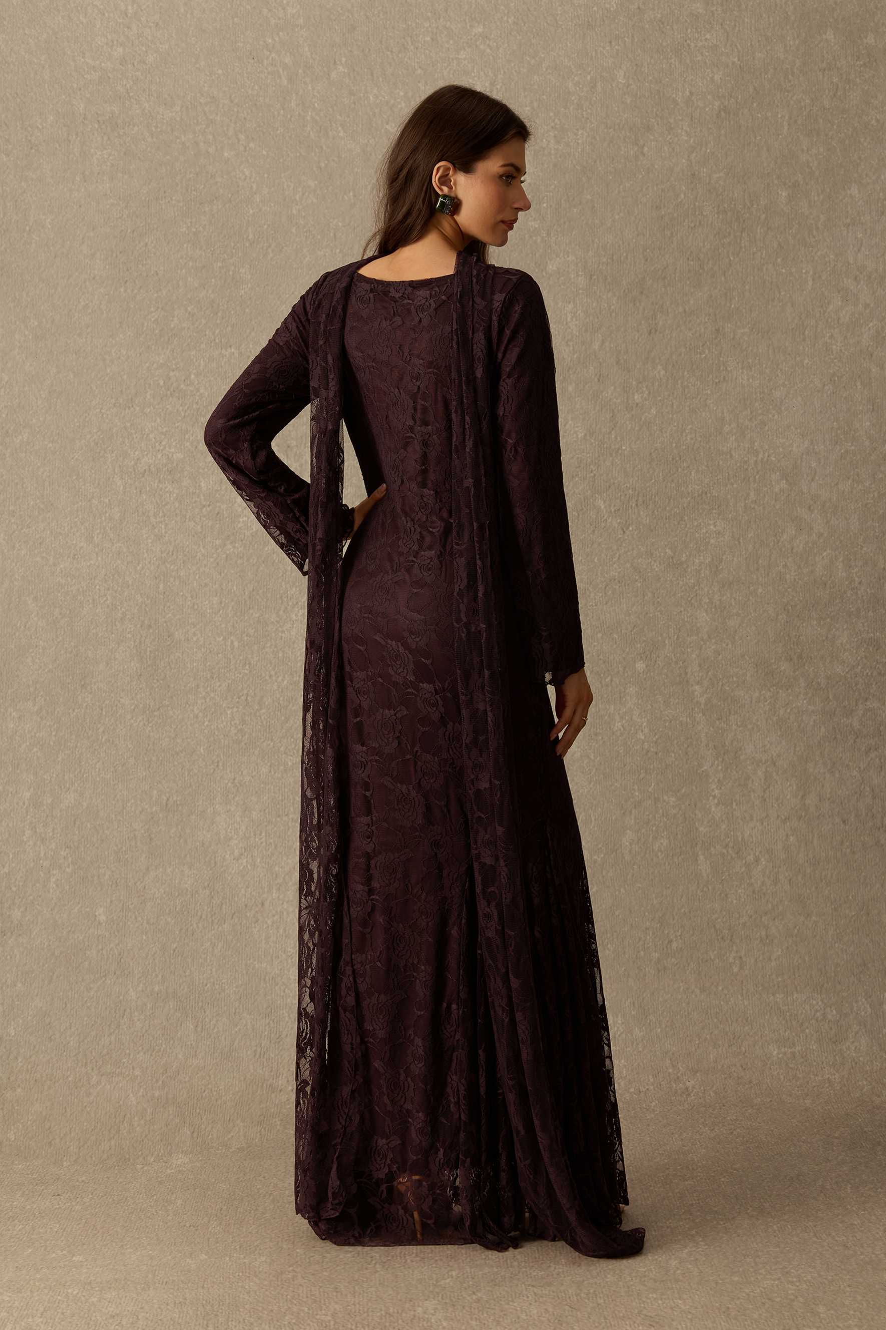 Candlelit Secrets Long Sleeve Floral Lace Maxi Dress With Scarf