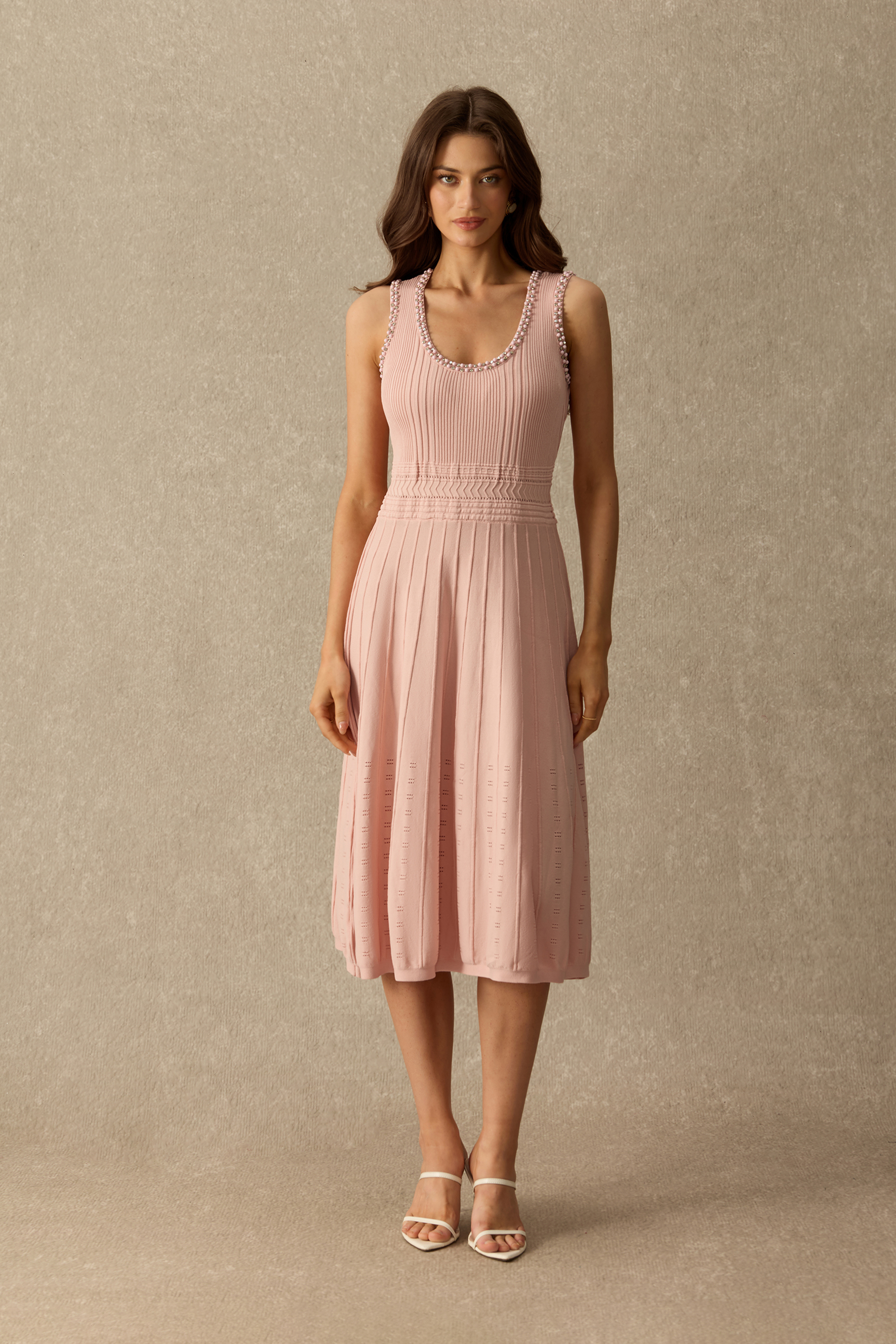 Poised And Polished Pearl Trim Ribbed Cardigan & Pleated Dress Set
