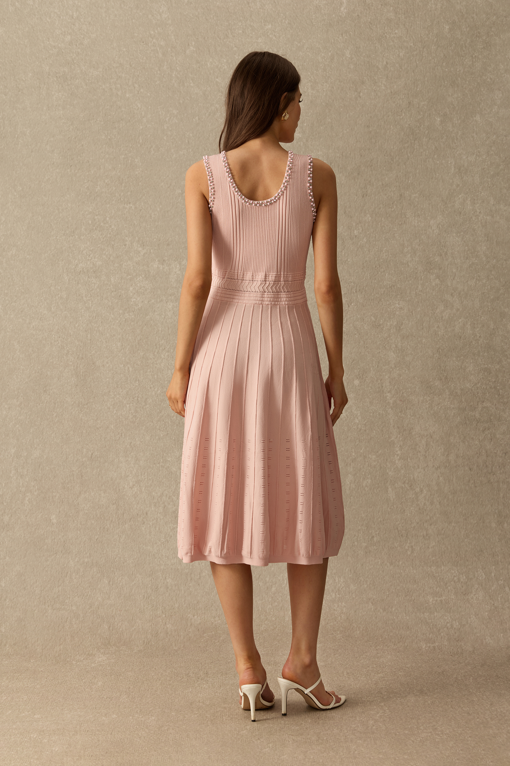 Poised And Polished Pearl Trim Ribbed Cardigan & Pleated Dress Set