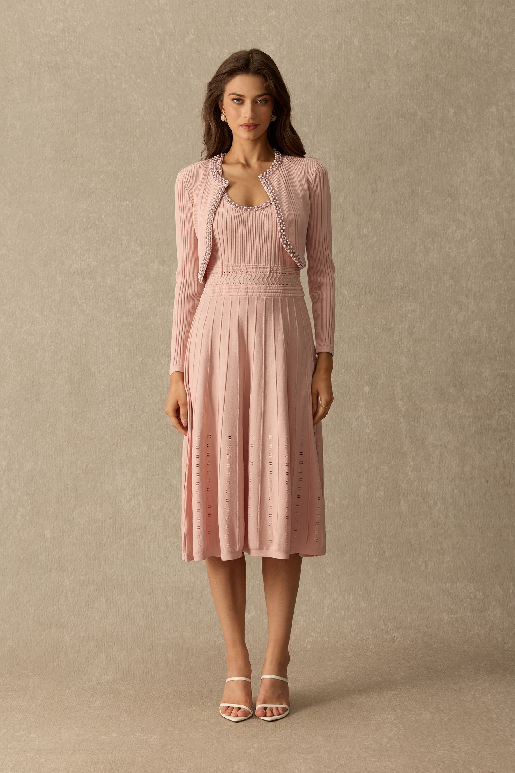Poised And Polished Pearl Trim Ribbed Cardigan & Pleated Dress Set