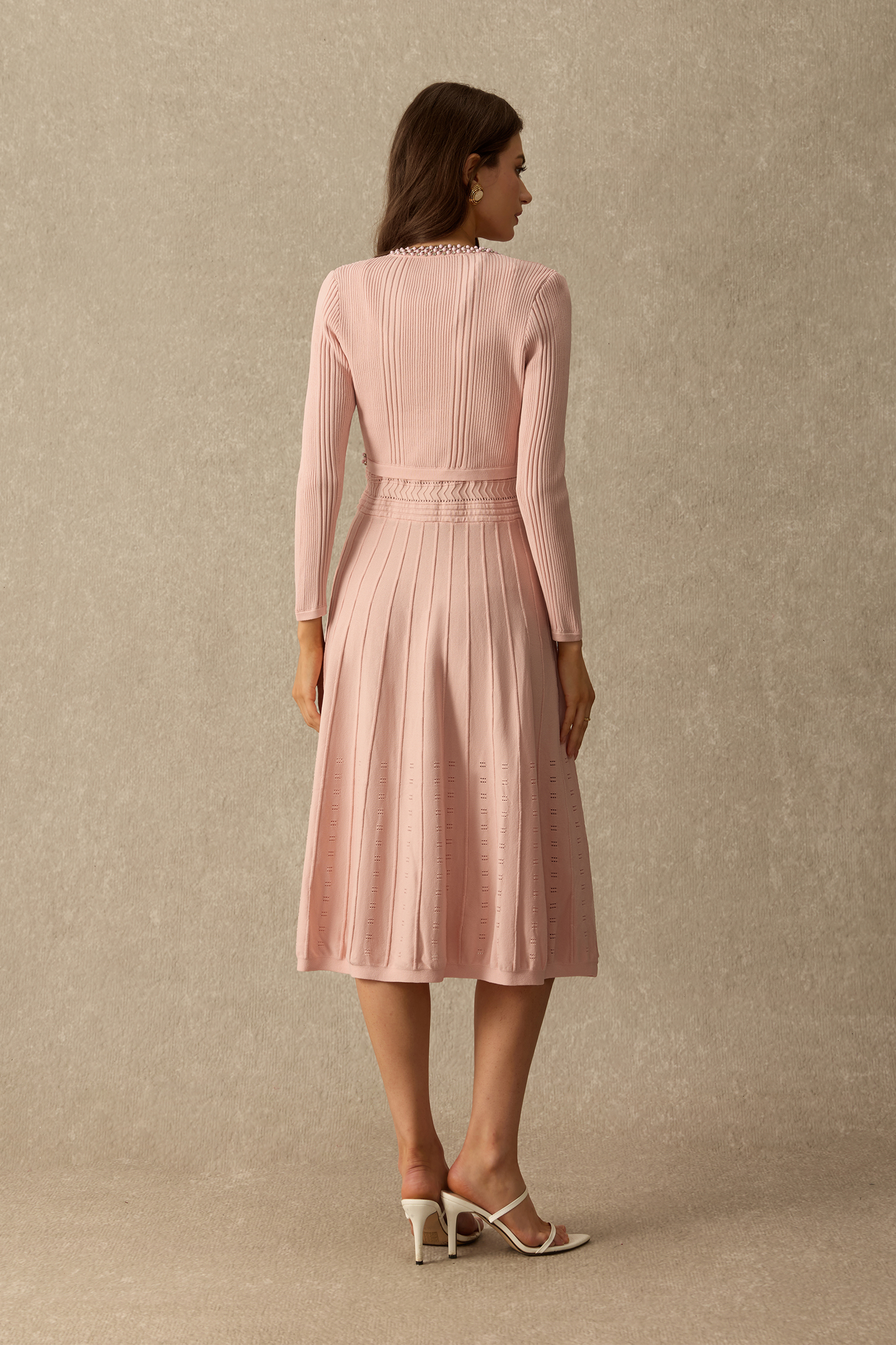 Poised And Polished Pearl Trim Ribbed Cardigan & Pleated Dress Set