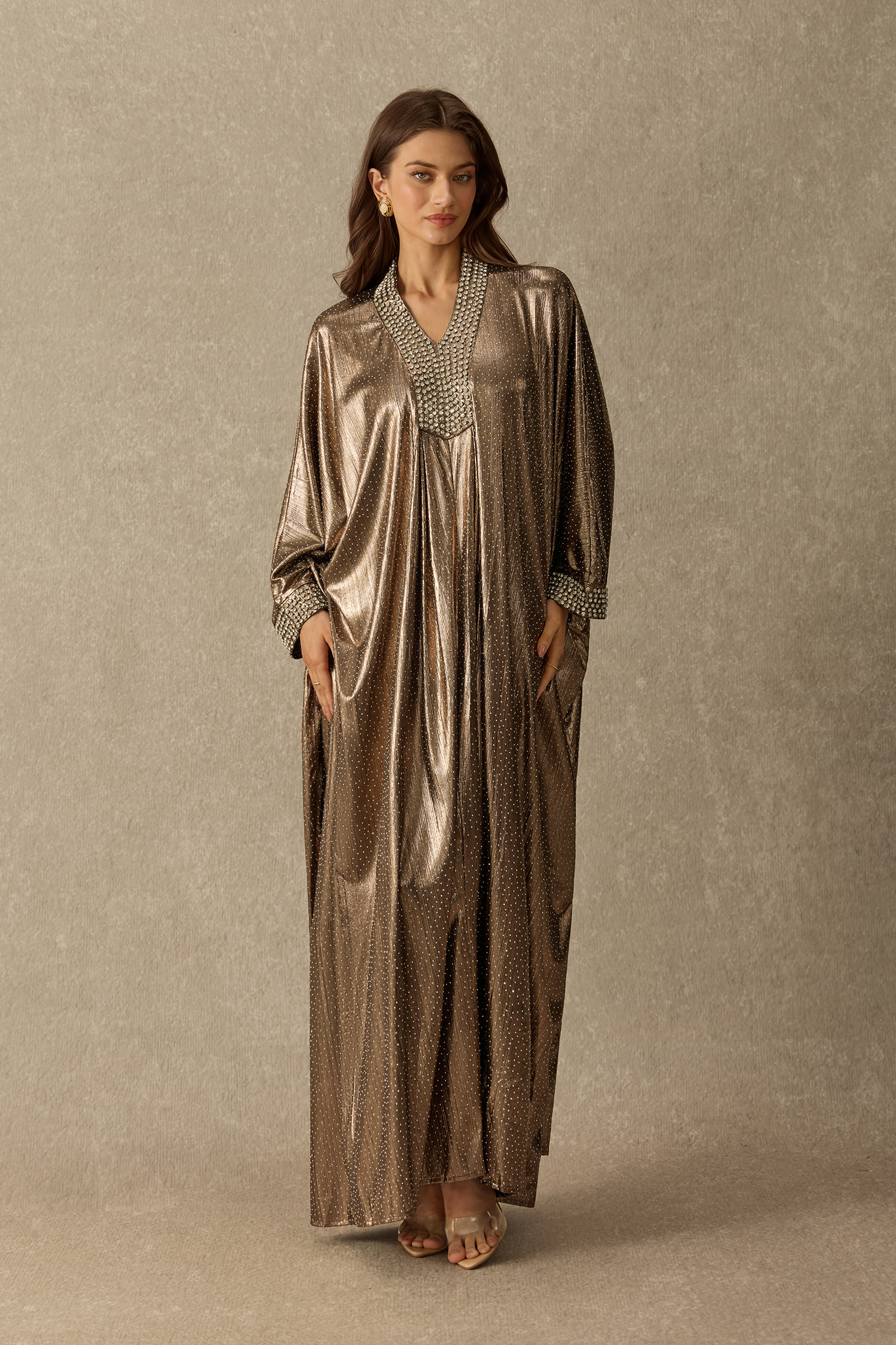 What A Glamour Rhinestone Embellished V Neck Maxi Dress