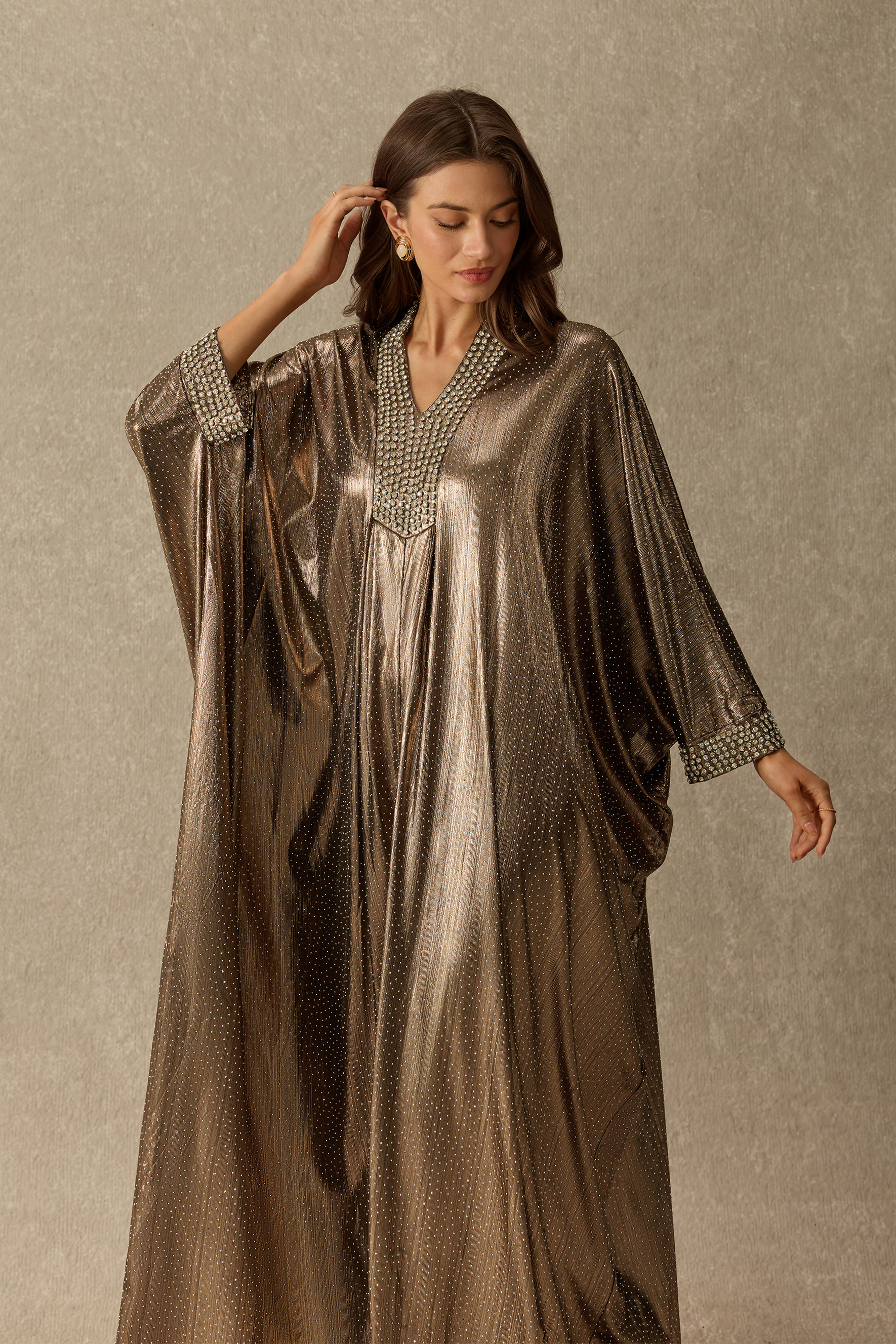 What A Glamour Rhinestone Embellished V Neck Maxi Dress