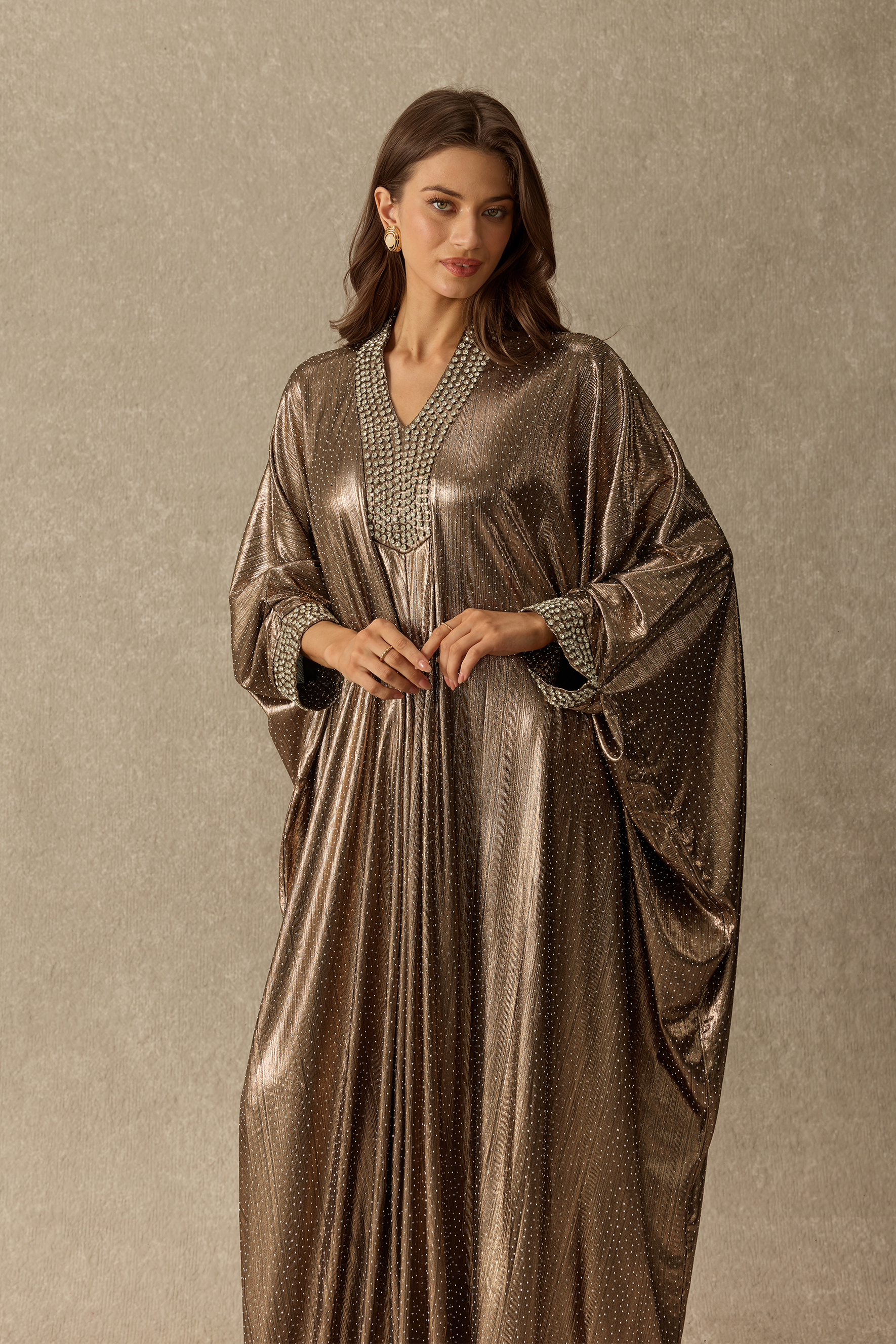 What A Glamour Rhinestone Embellished V Neck Maxi Dress