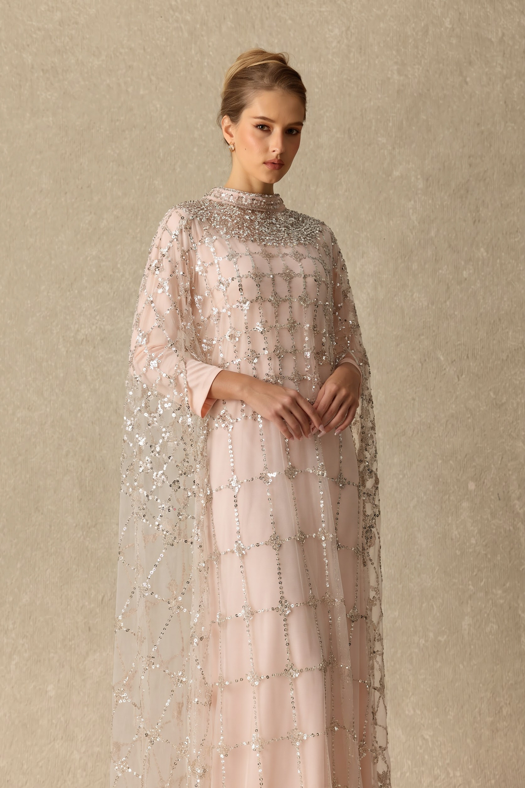 Delightful Dreams Rhinestone Embellished Cape Sleeve Maxi Dress