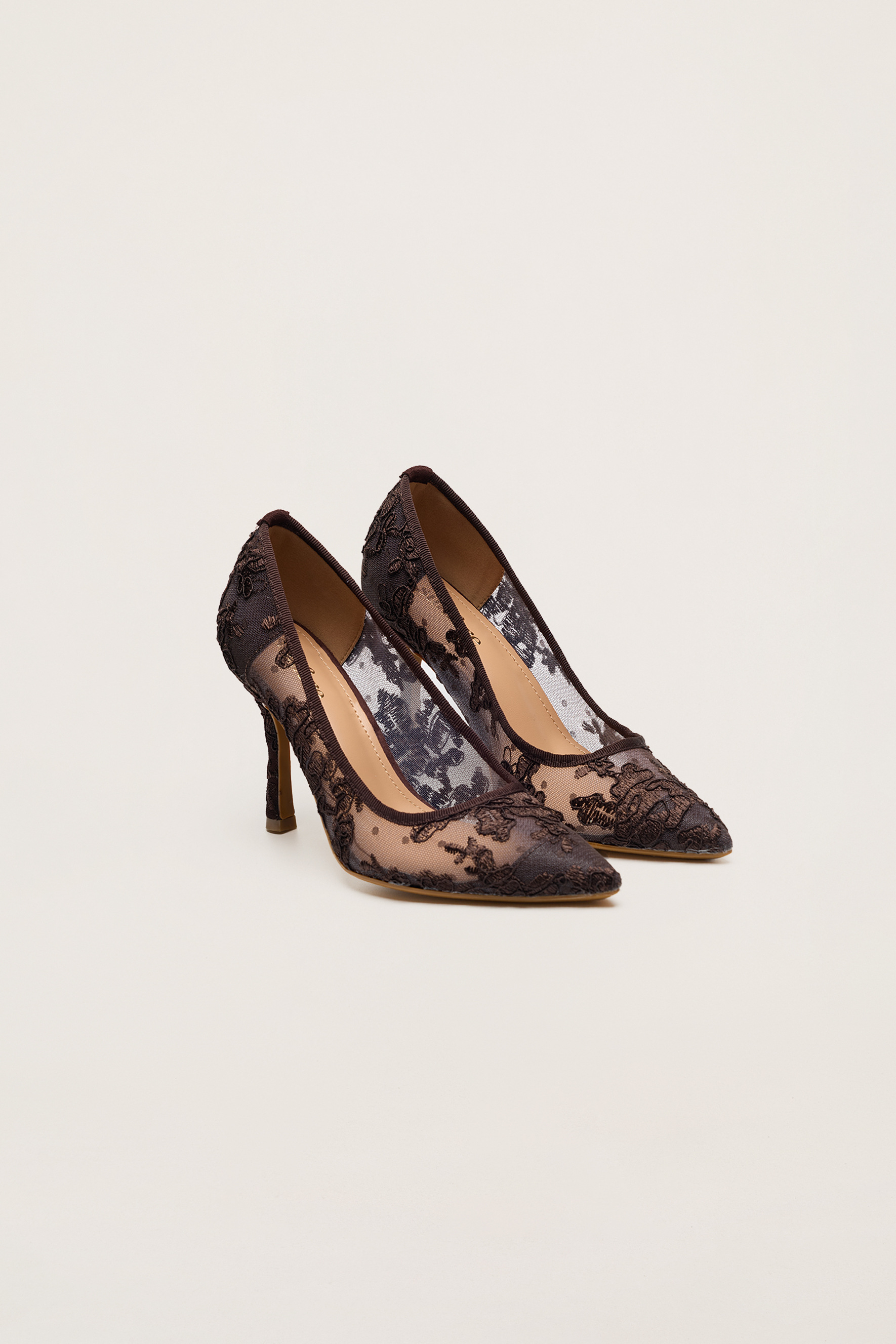Hidden Charm Brown Floral Lace Pointed Toe Pumps