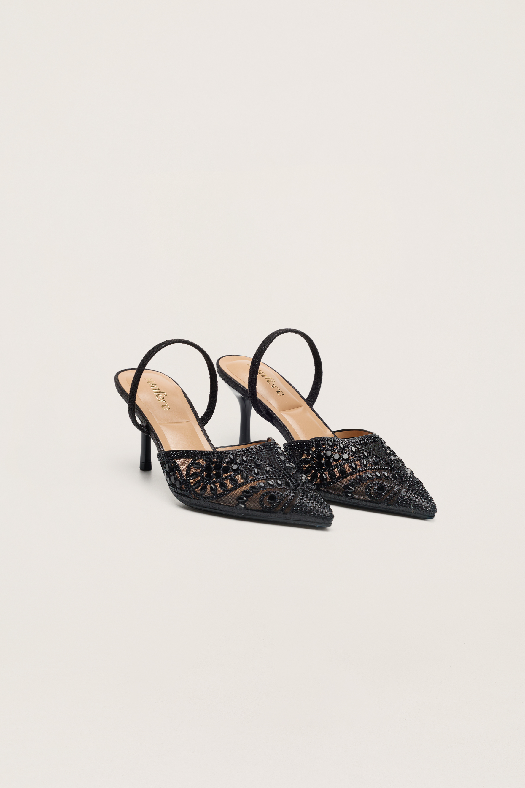 Classic Revival Black Rhinestone Paisley Pointed Toe Slingback Pumps