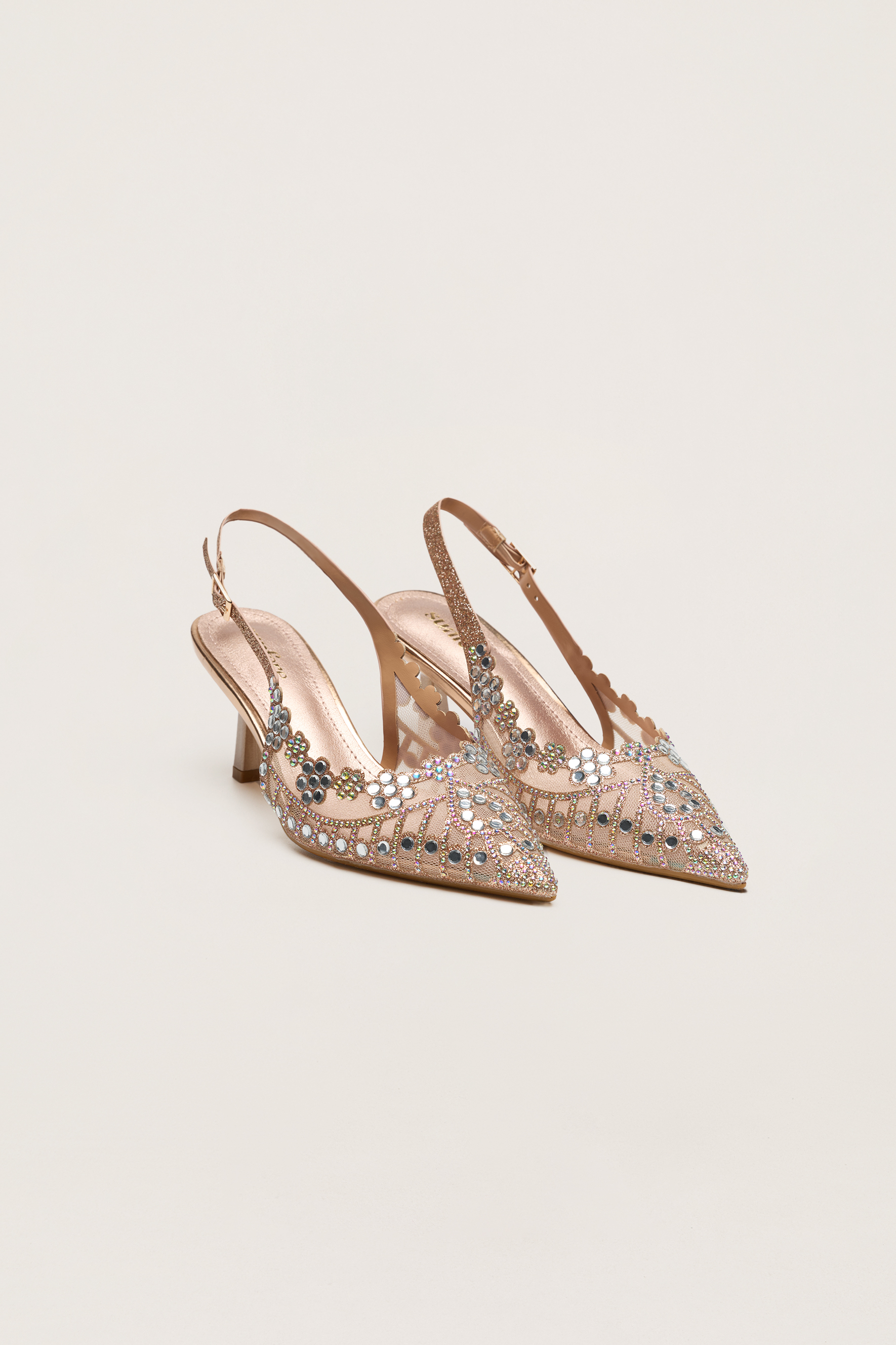 Dress Up Hour Gold Rhinestone Floral Scalloped Slingback Pumps