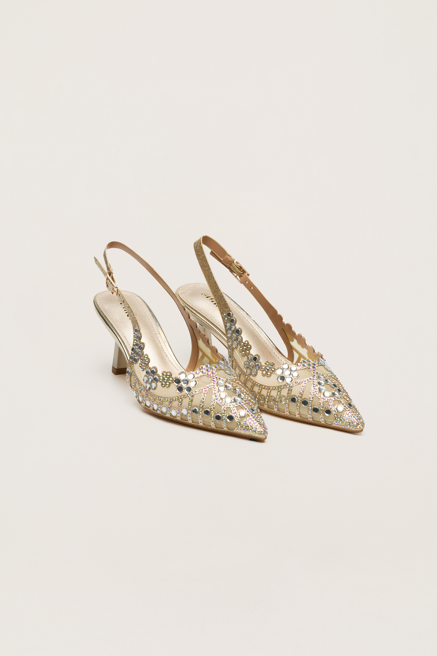 Dress Up Hour Gold Rhinestone Floral Scalloped Slingback Pumps