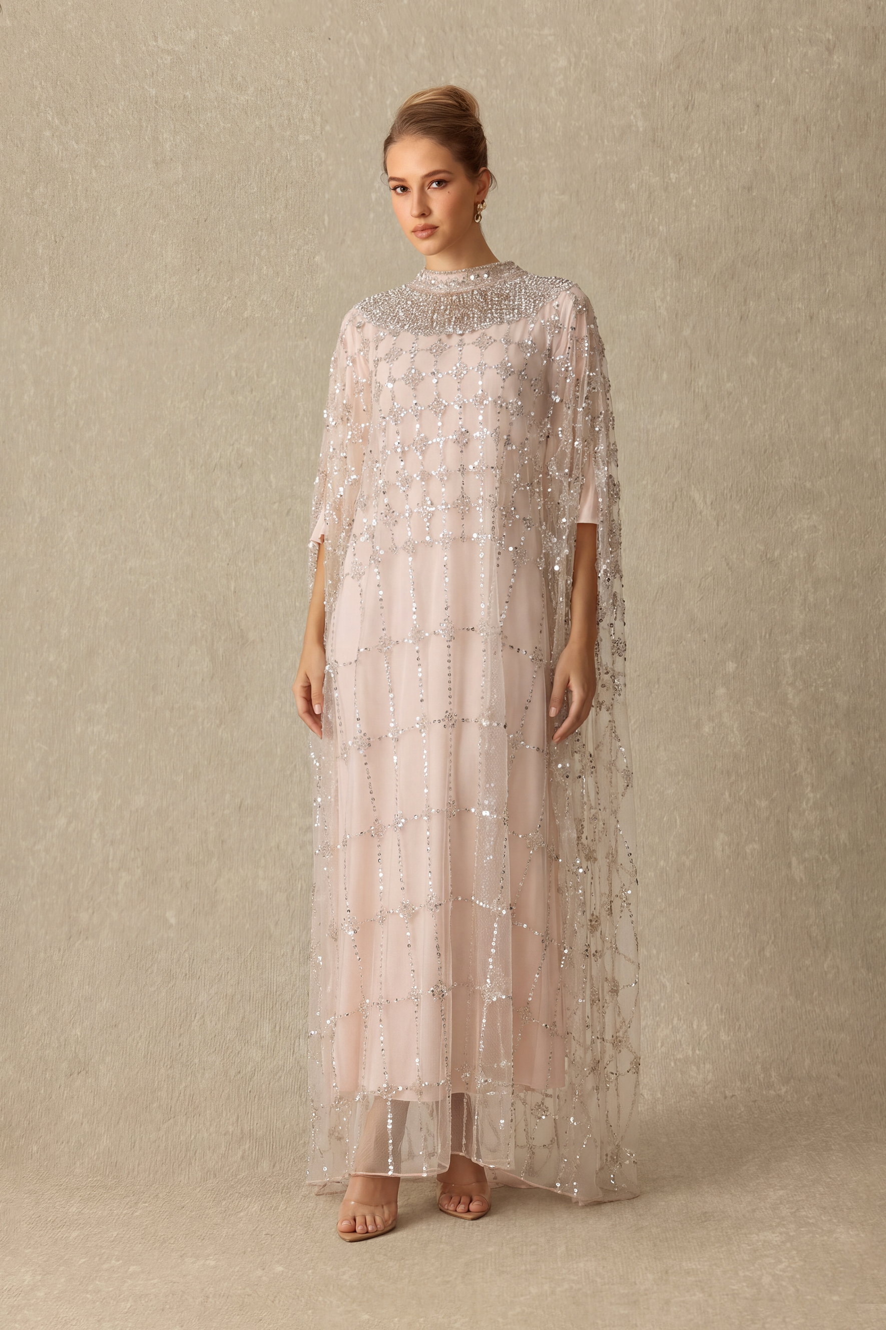 Delightful Dreams Rhinestone Embellished Cape Sleeve Maxi Dress