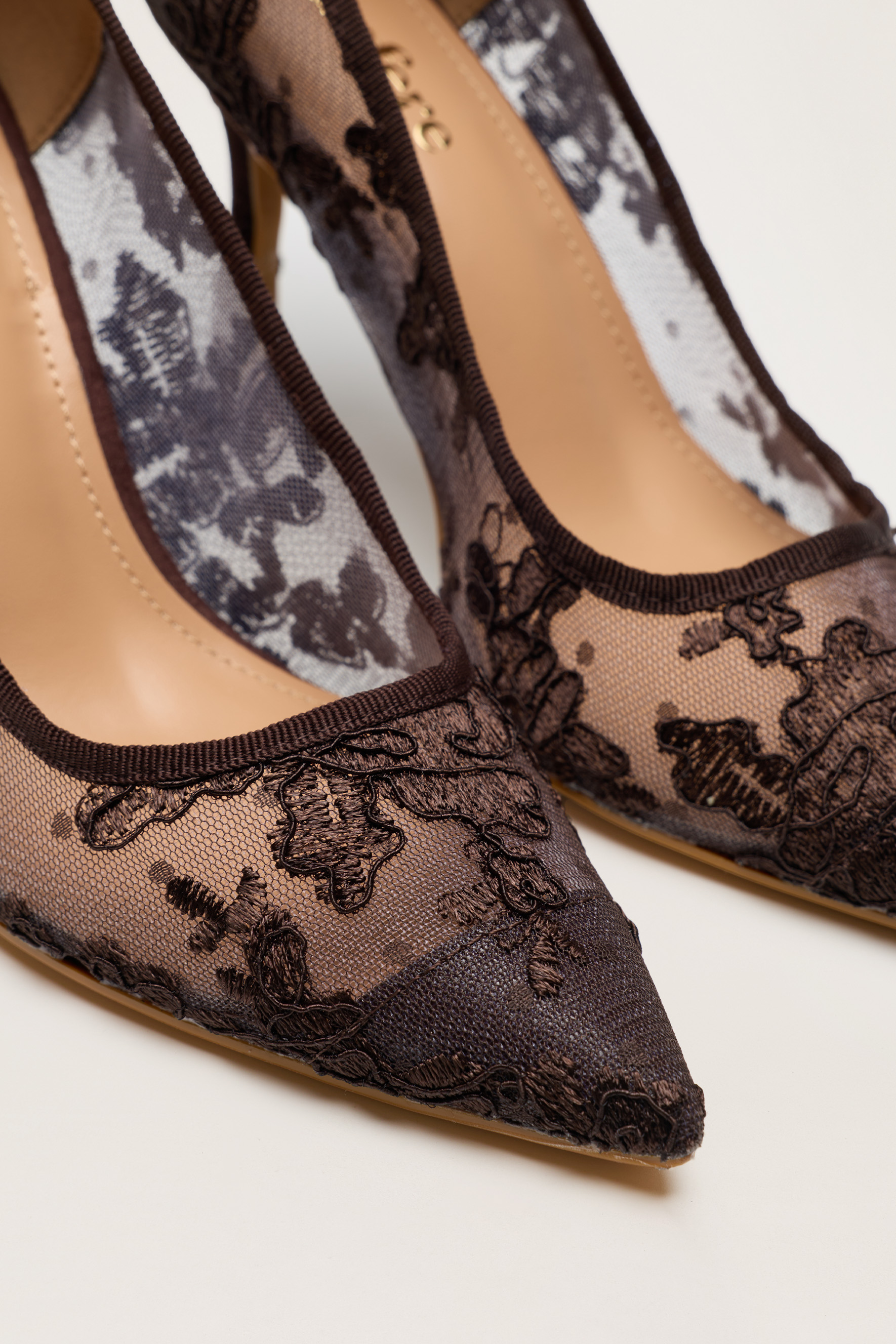 Hidden Charm Brown Floral Lace Pointed Toe Pumps