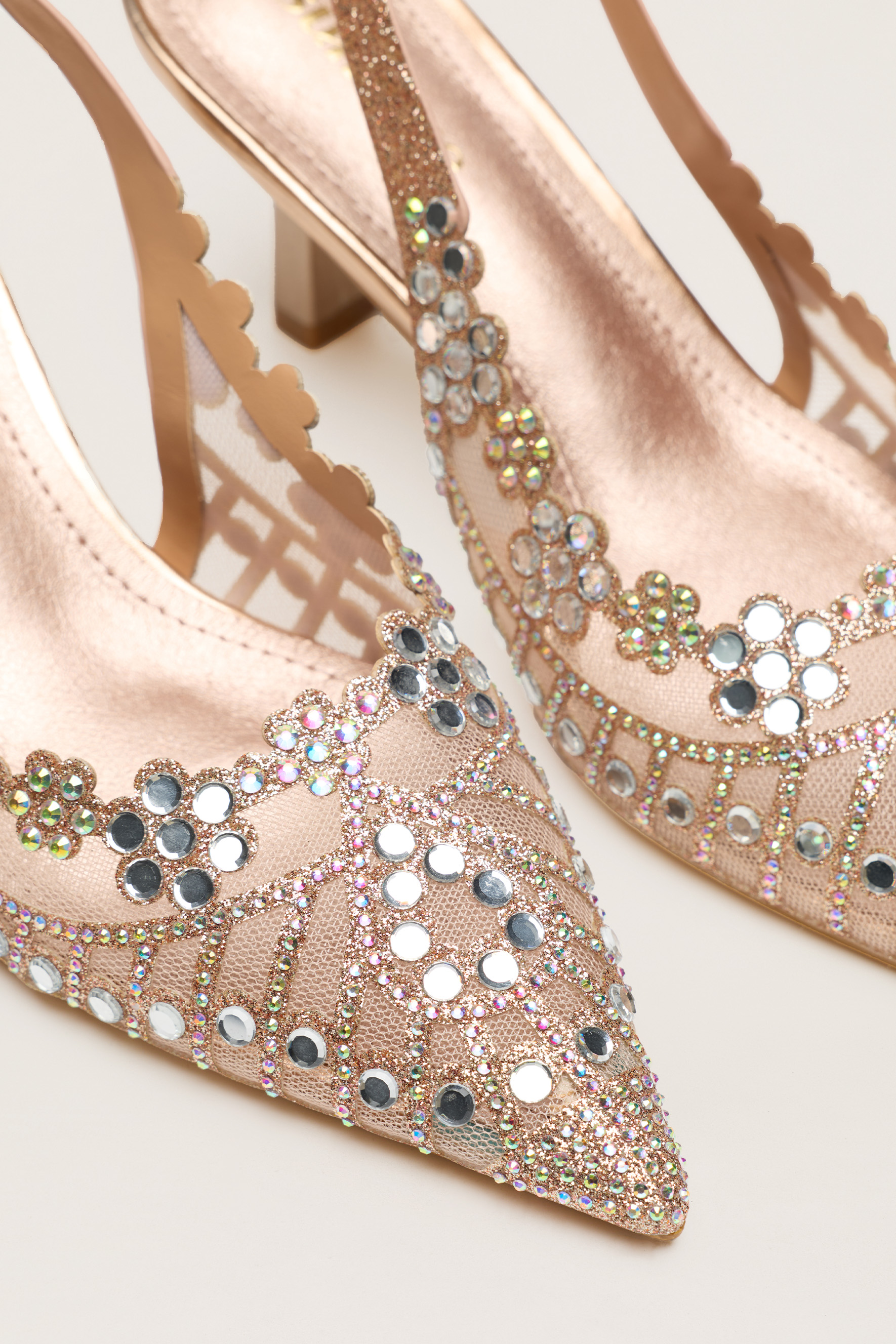 Dress Up Hour Gold Rhinestone Floral Scalloped Slingback Pumps