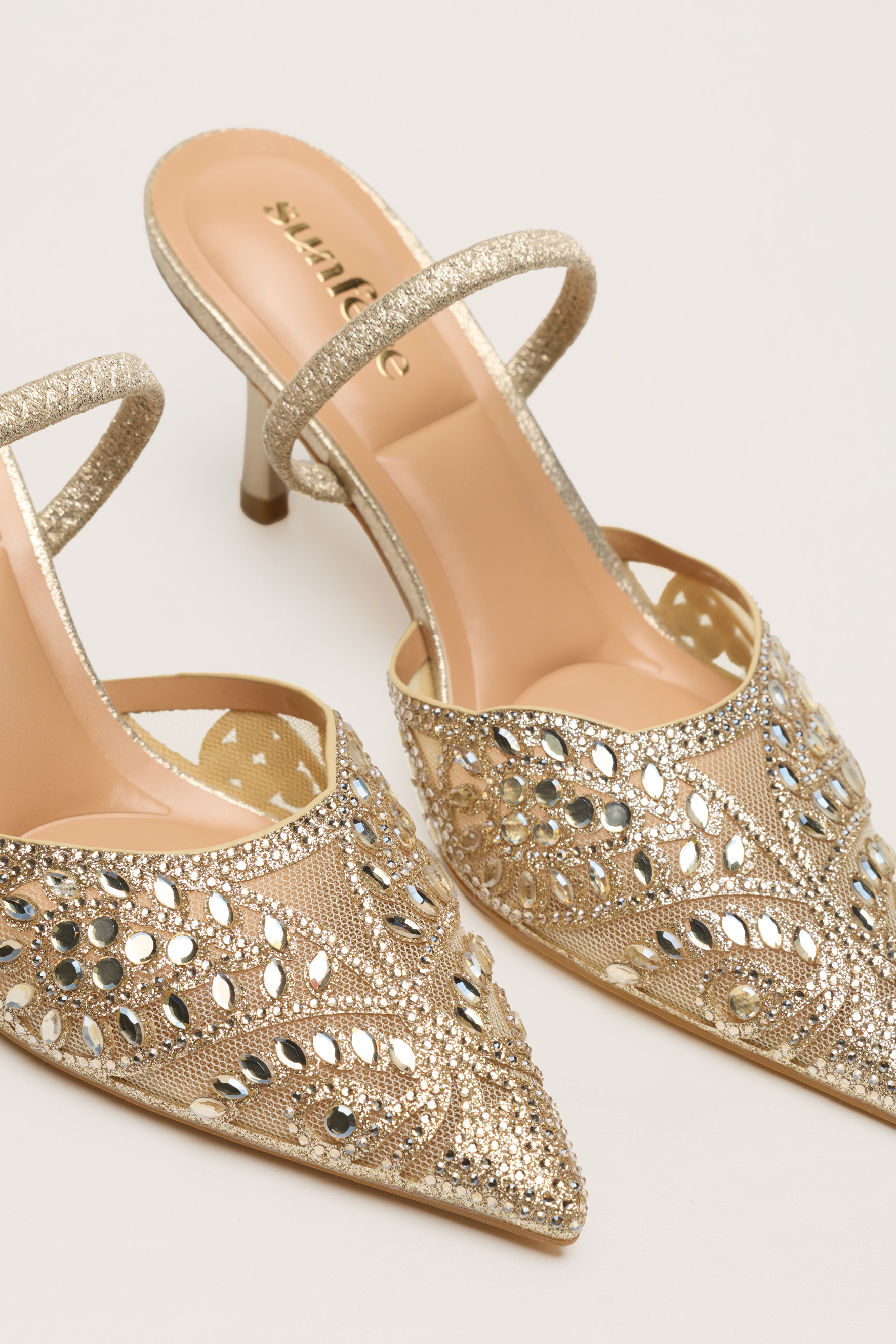 Classic Revival Gold Rhinestone Paisley Pointed Toe Slingback Pumps