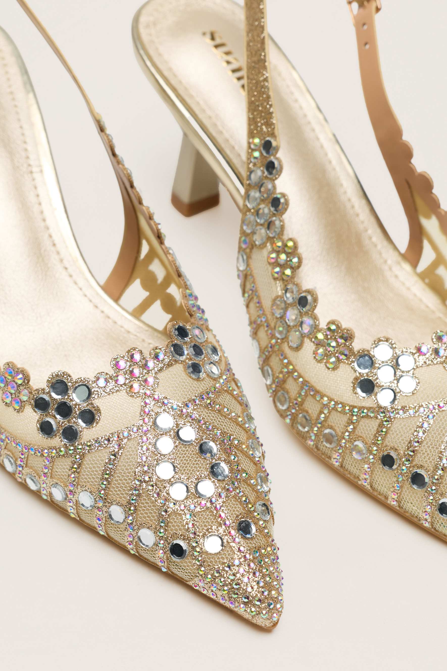 Dress Up Hour Gold Rhinestone Floral Scalloped Slingback Pumps