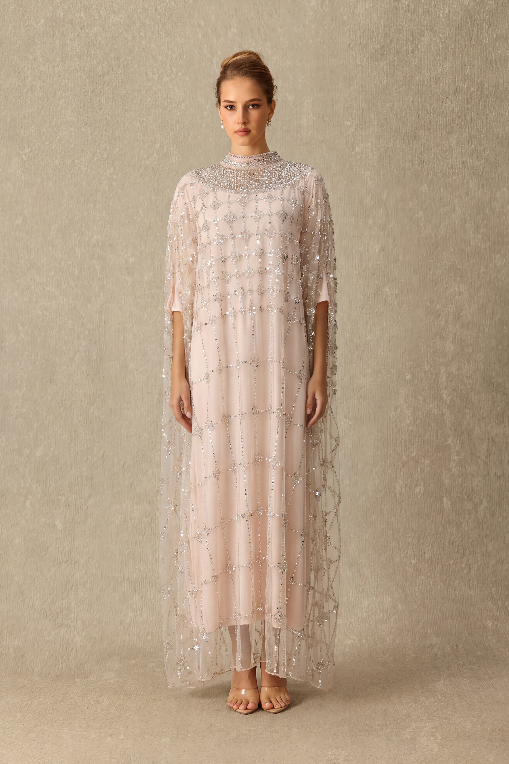 Delightful Dreams Rhinestone Embellished Cape Sleeve Maxi Dress