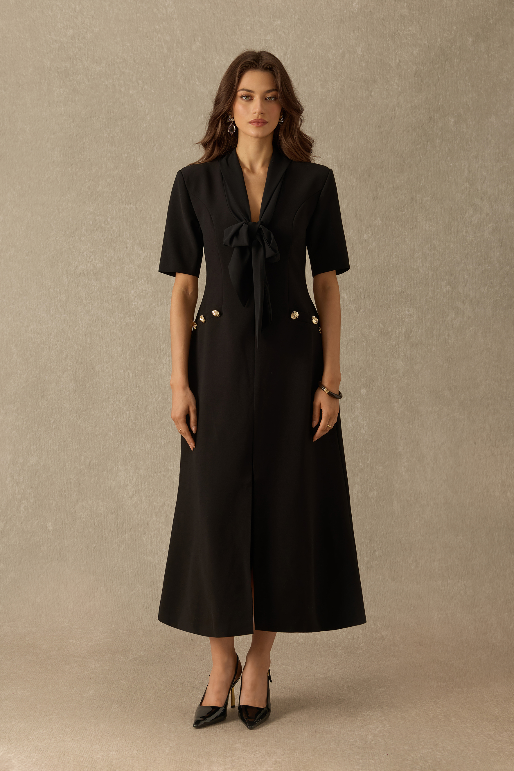 New Classic Rhinestone Embellished Bow Tie Midi Dress