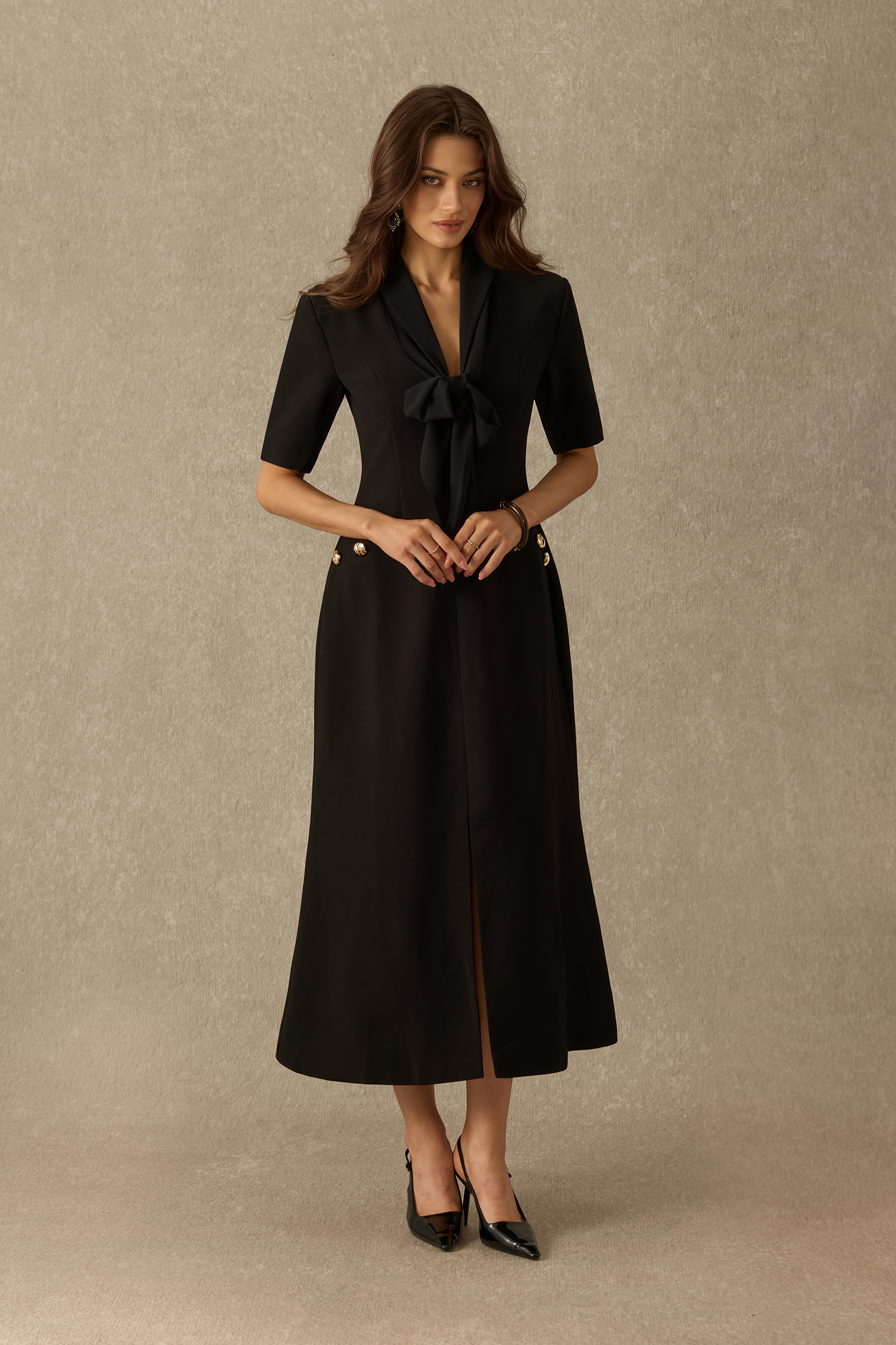 New Classic Rhinestone Embellished Bow Tie Midi Dress