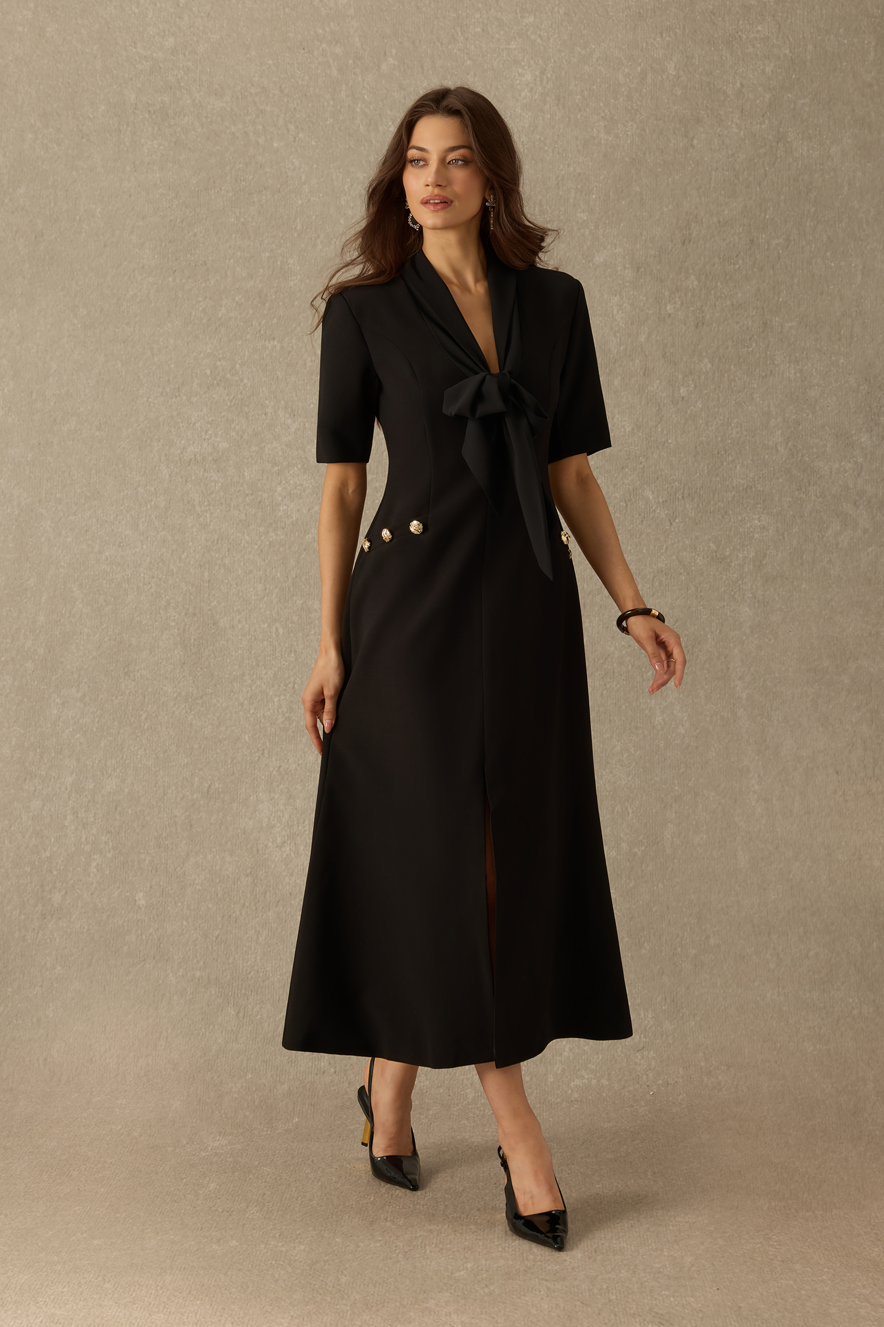 New Classic Rhinestone Embellished Bow Tie Midi Dress