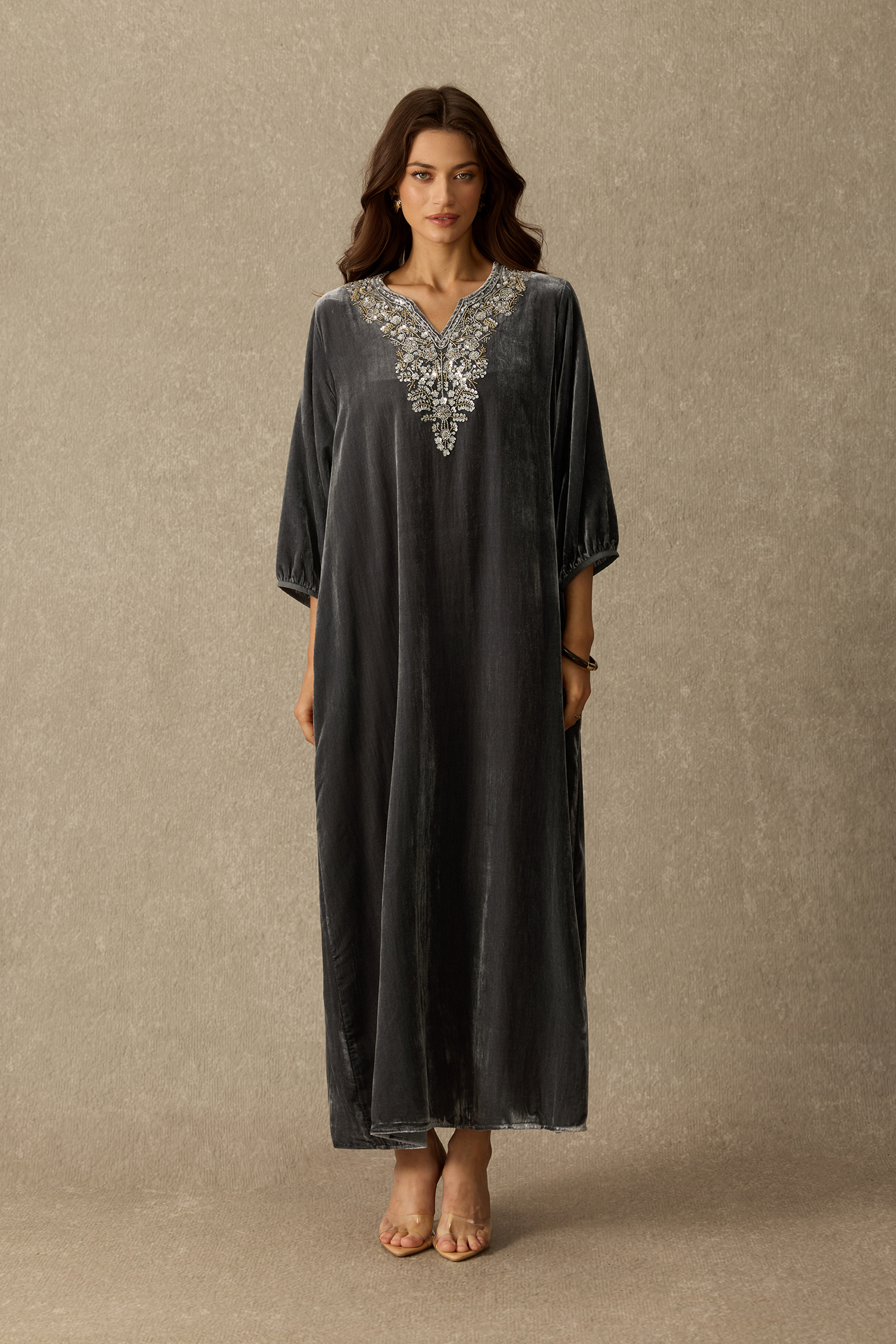 Enchanting Soul Embellished V Neck Velvet Maxi Dress