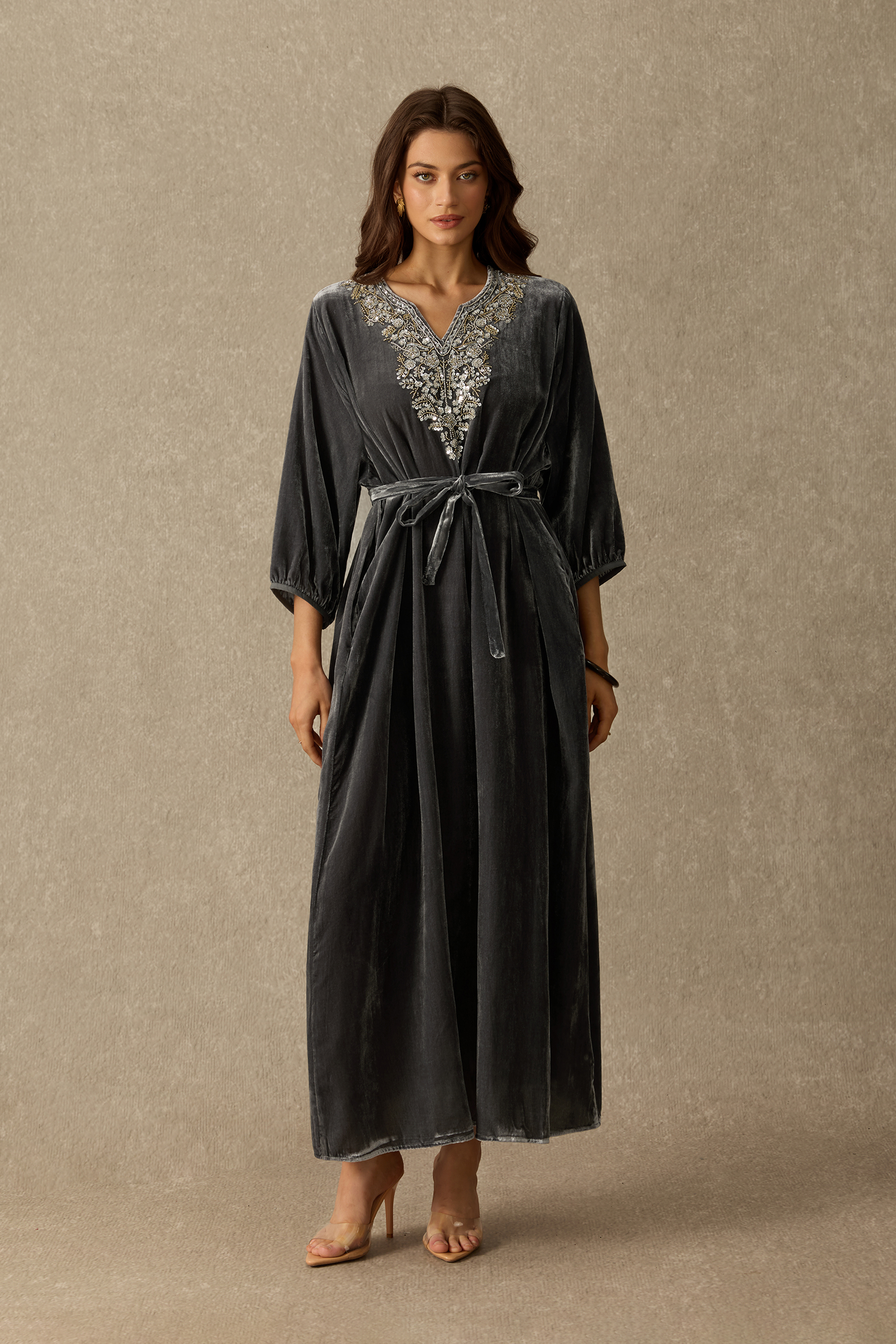 Enchanting Soul Embellished V Neck Velvet Maxi Dress