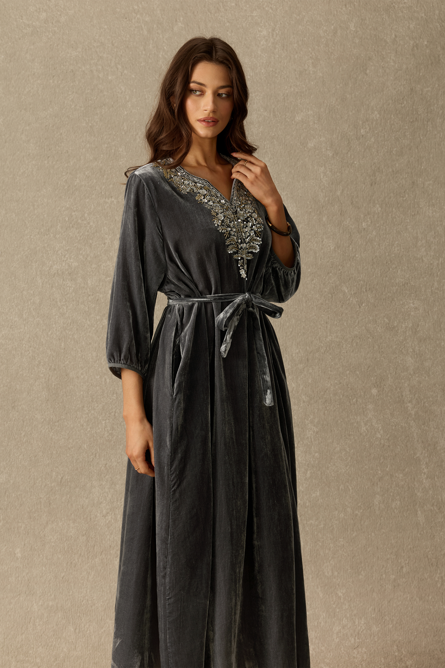 Enchanting Soul Embellished V Neck Velvet Maxi Dress