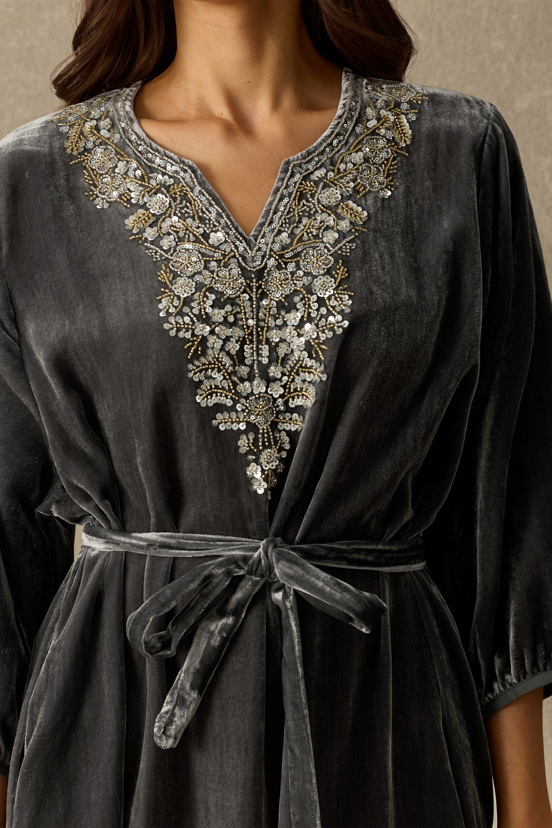Enchanting Soul Embellished V Neck Velvet Maxi Dress