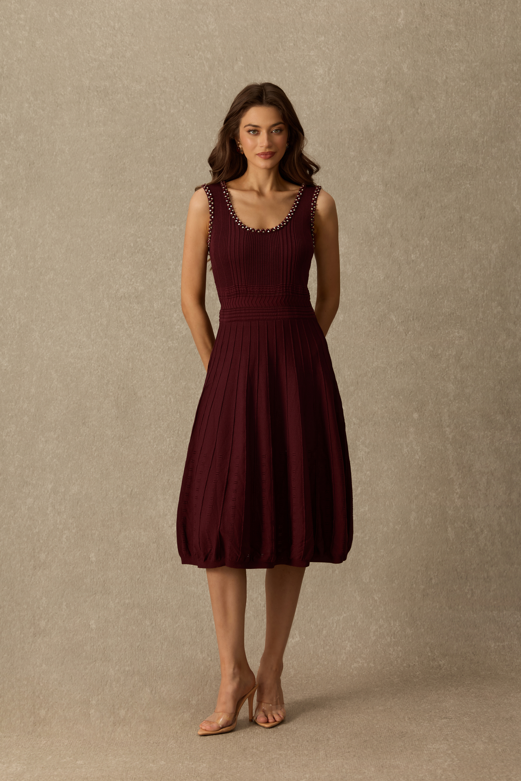 Effortless Chic Rhinestone Trim Cardigan & Pleated Knit Dress Set