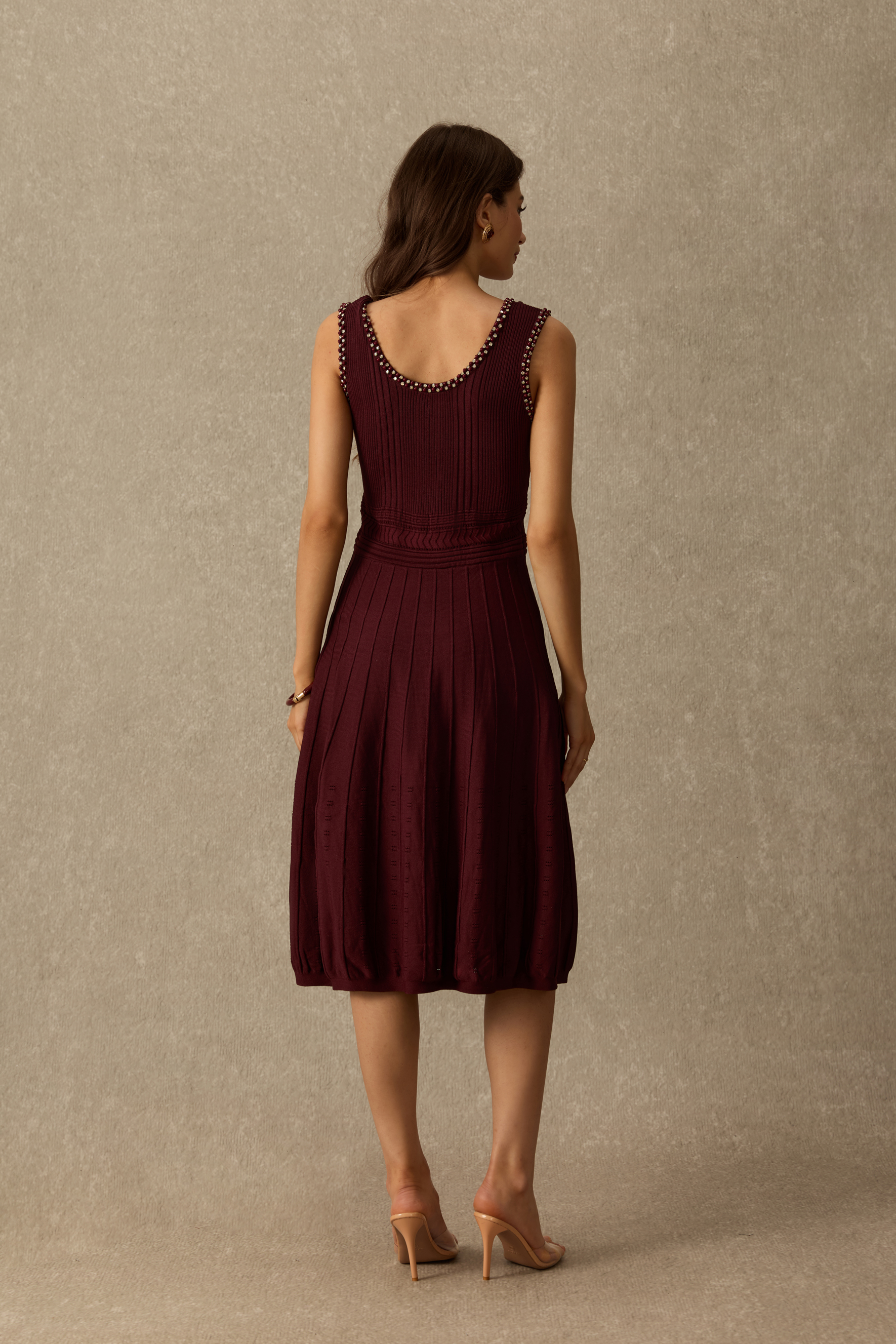 Effortless Chic Rhinestone Trim Cardigan & Pleated Knit Dress Set
