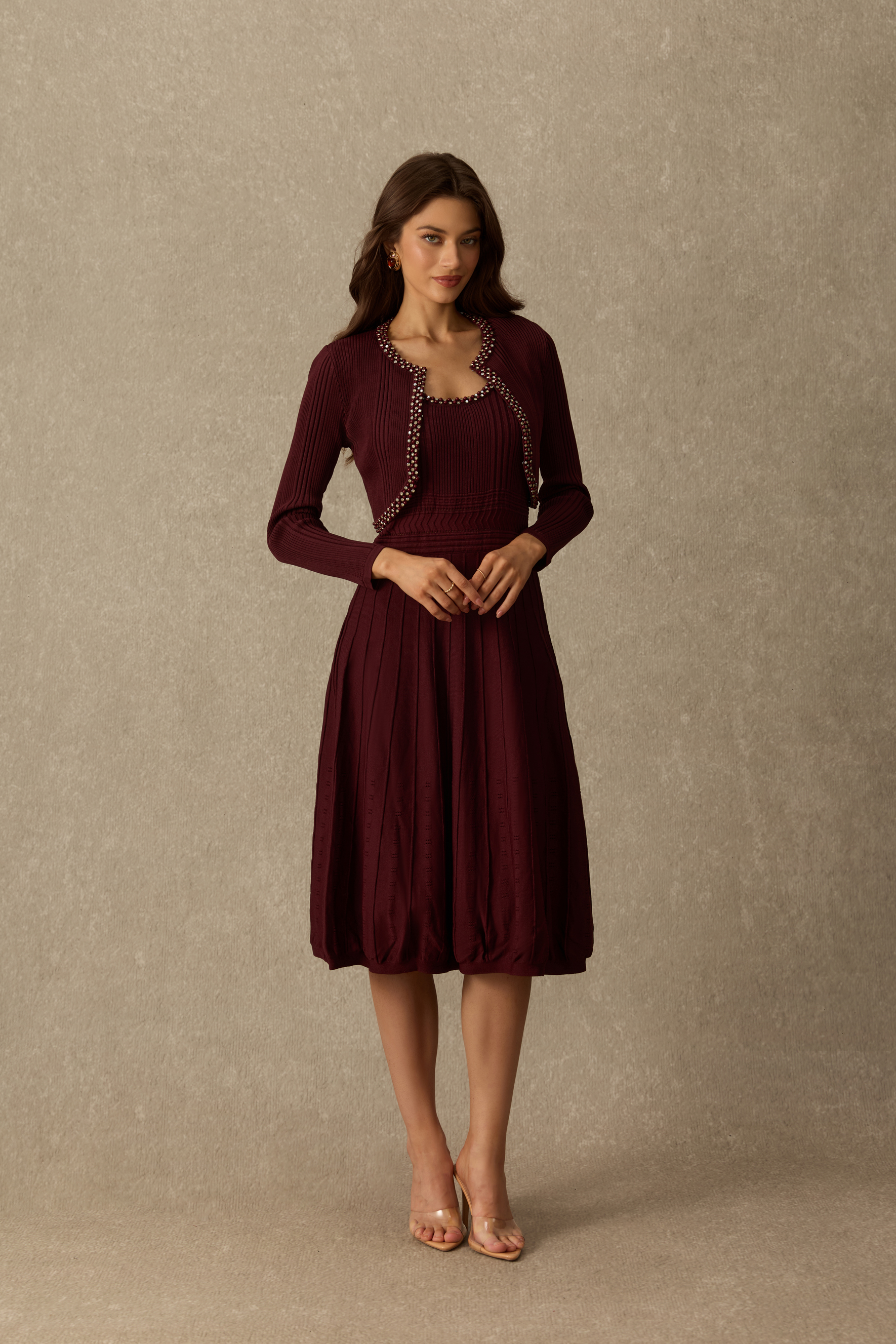 Effortless Chic Rhinestone Trim Cardigan & Pleated Knit Dress Set