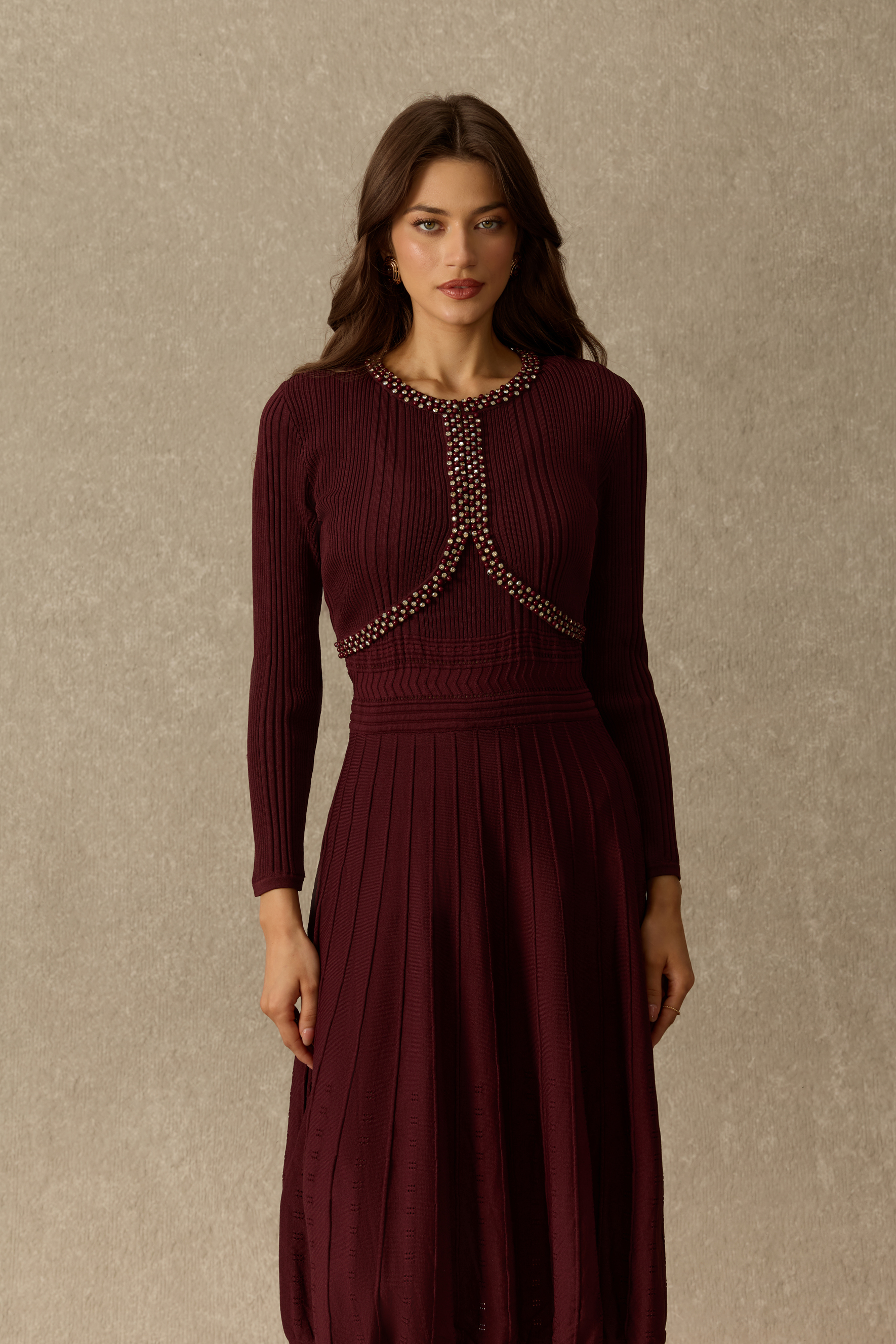 Effortless Chic Rhinestone Trim Cardigan & Pleated Knit Dress Set