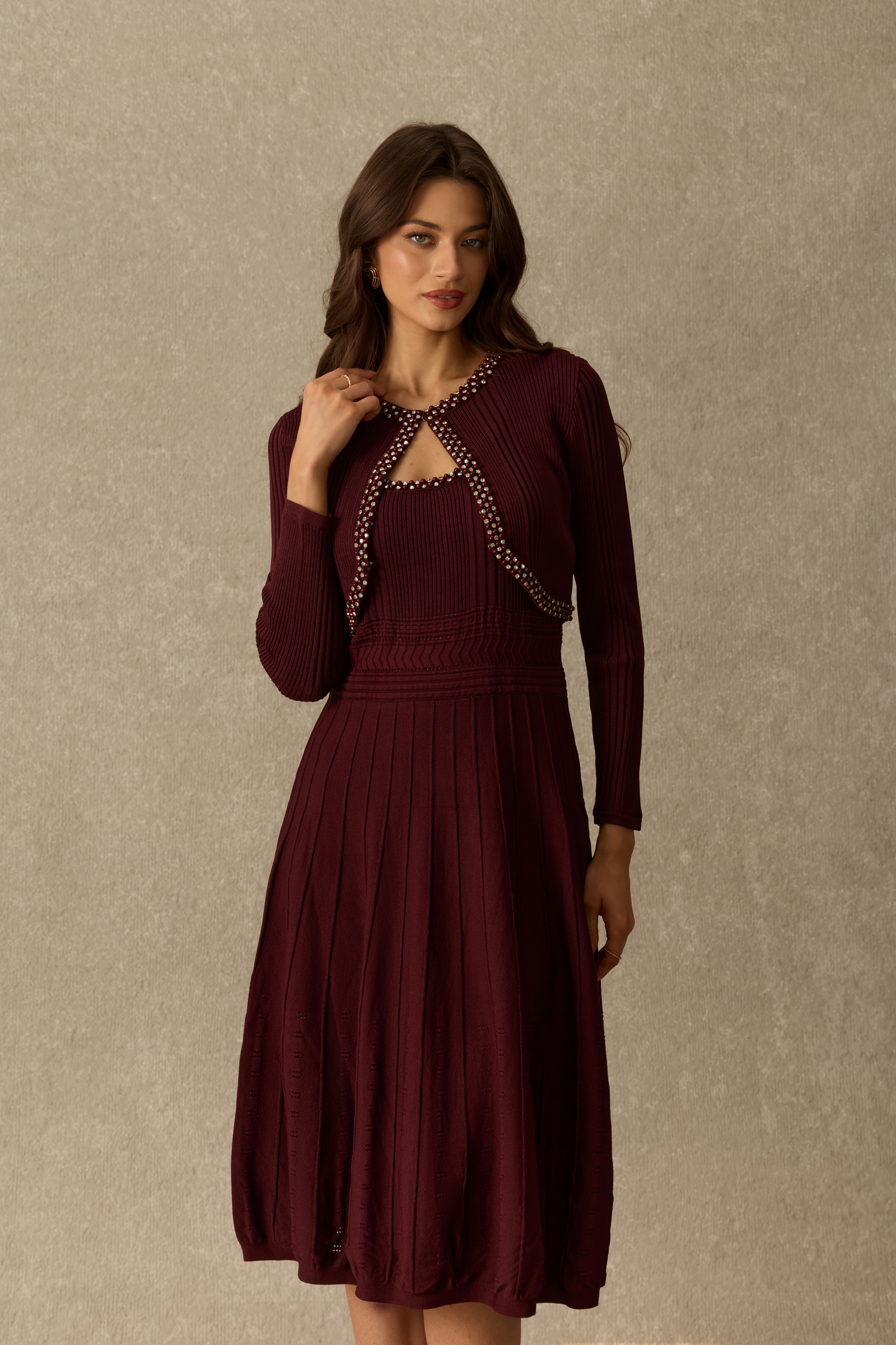 Effortless Chic Rhinestone Trim Cardigan & Pleated Knit Dress Set