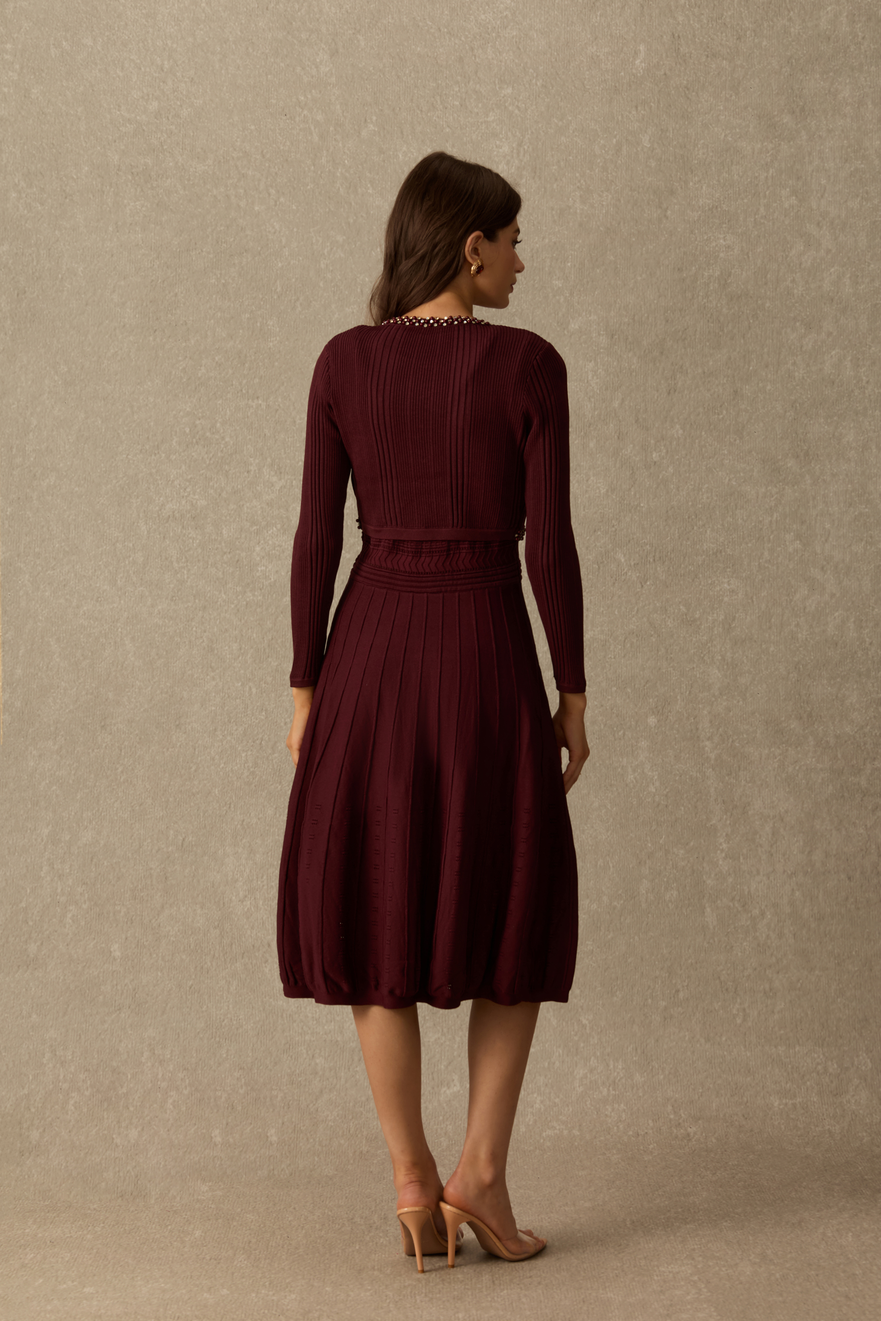 Effortless Chic Rhinestone Trim Cardigan & Pleated Knit Dress Set