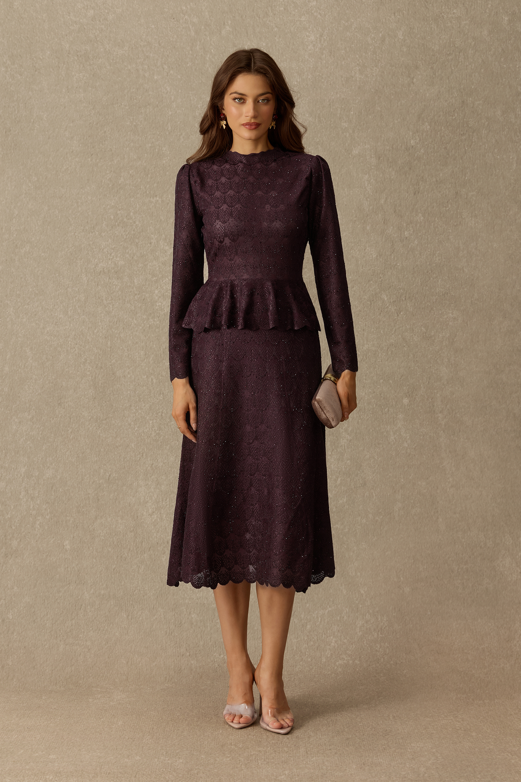 Lasting Impression Embellished Lace Peplum Midi Dress