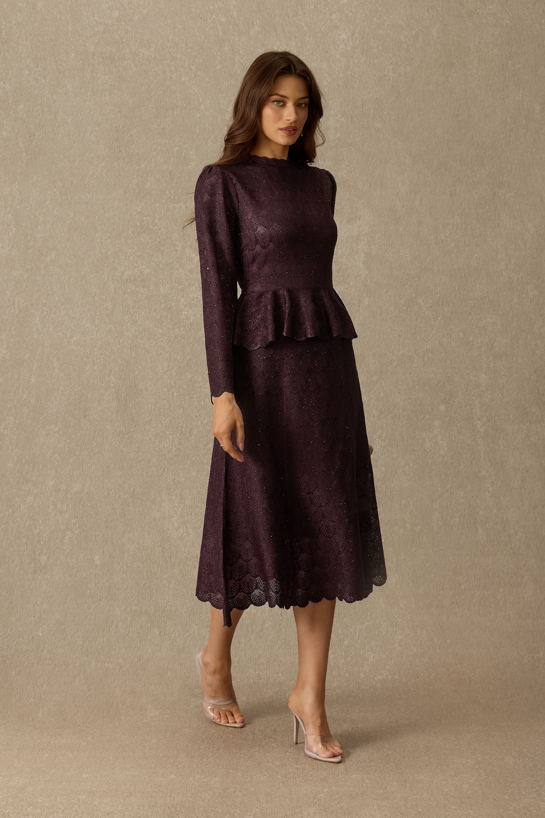 Lasting Impression Embellished Lace Peplum Midi Dress