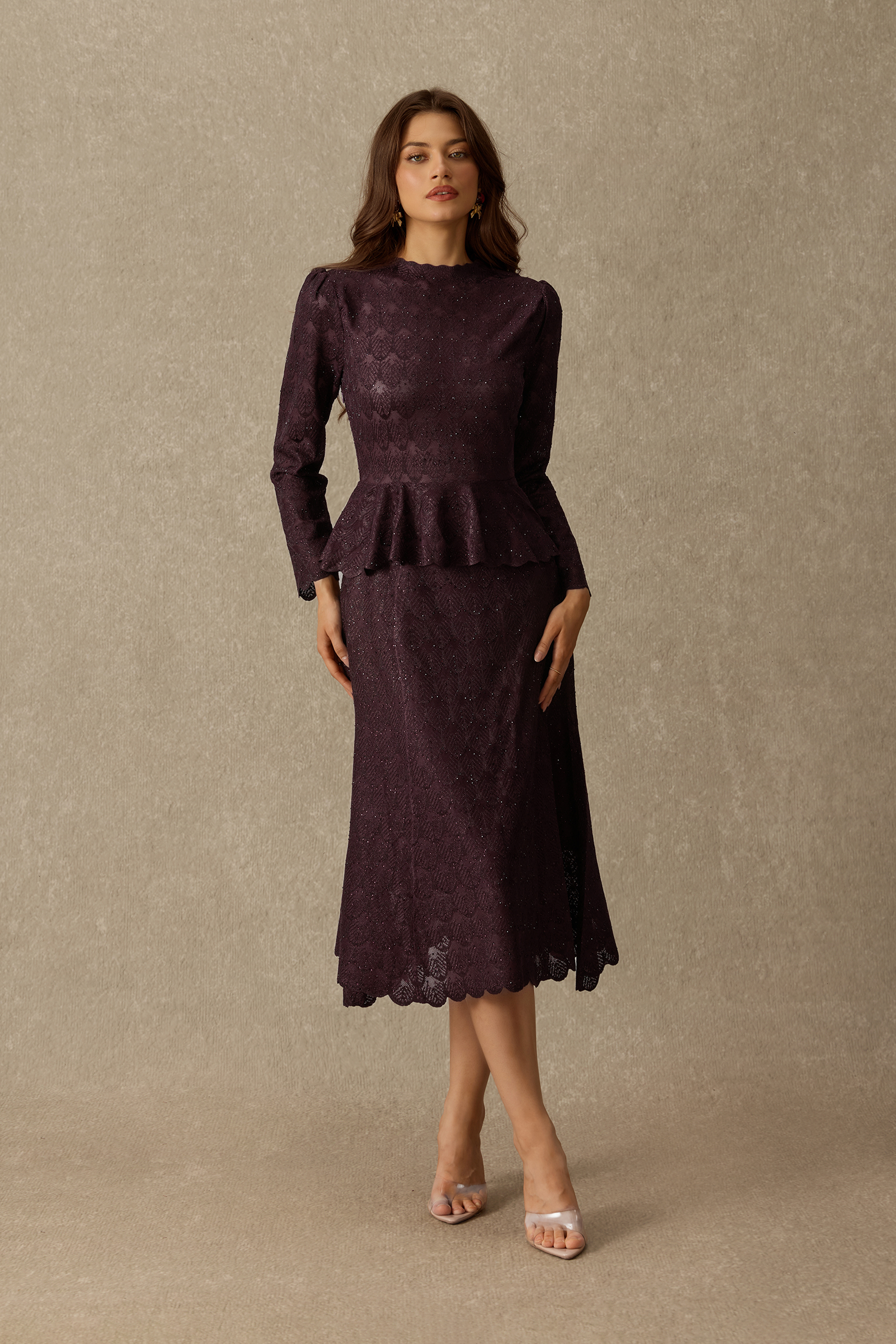 Lasting Impression Embellished Lace Peplum Midi Dress
