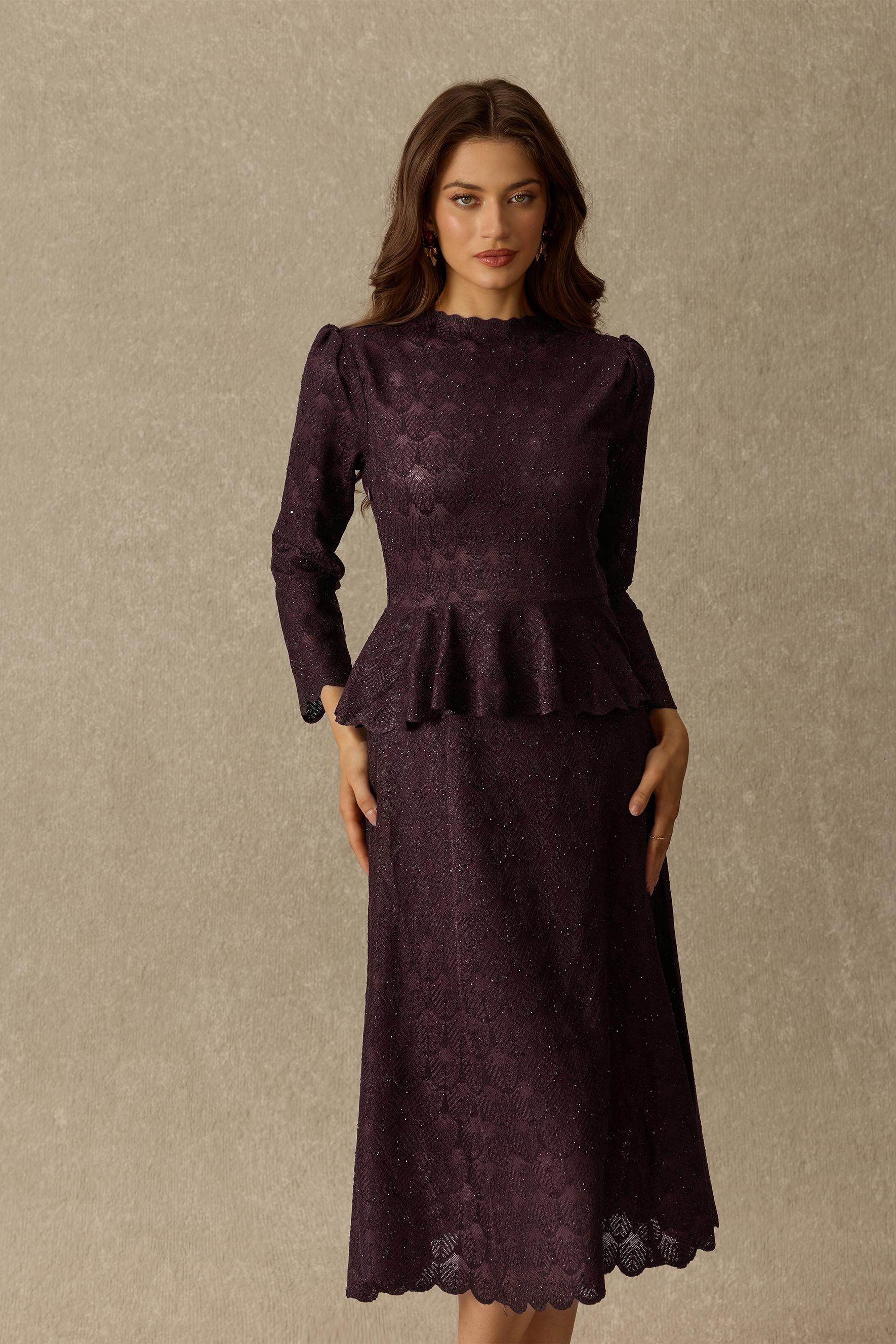 Lasting Impression Embellished Lace Peplum Midi Dress