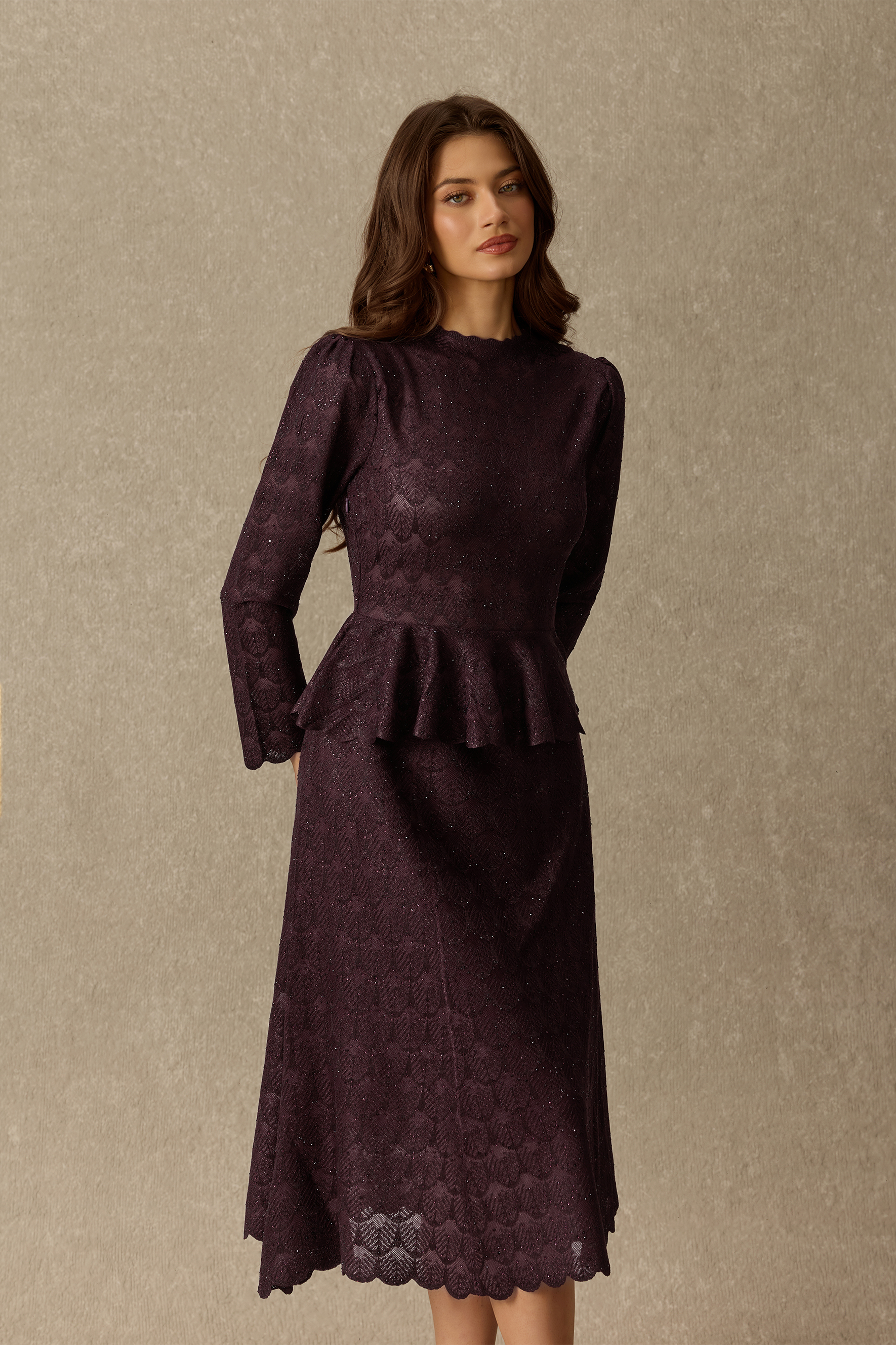 Lasting Impression Embellished Lace Peplum Midi Dress