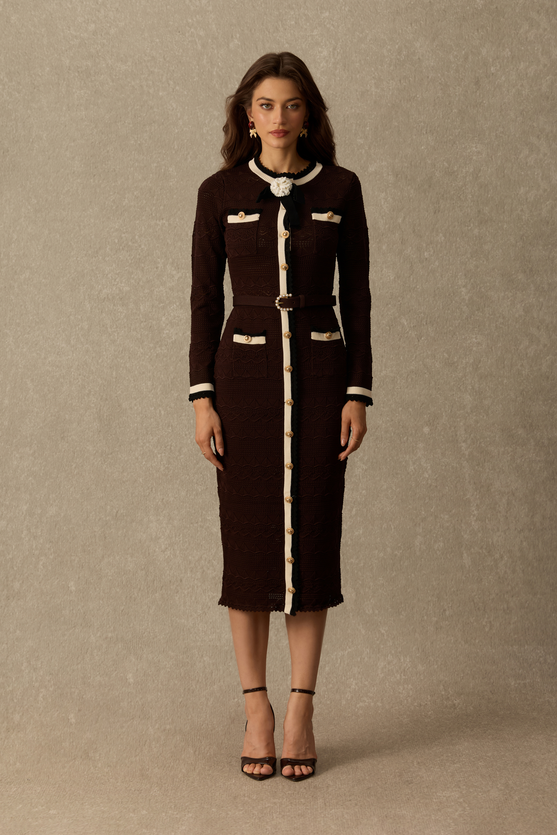 Miss Charming Contrast Trim Textured Knit Midi Dress