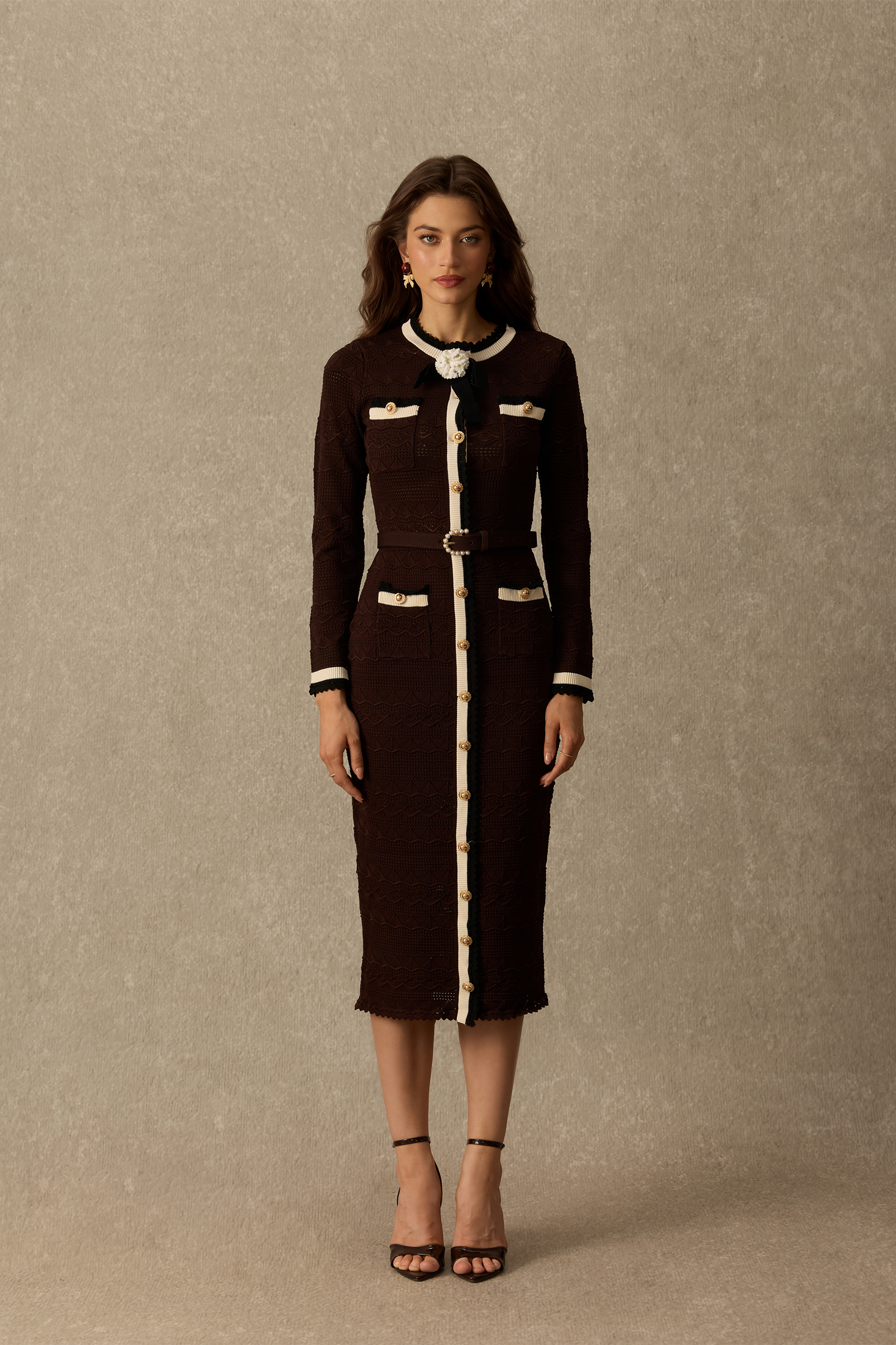 Miss Charming Contrast Trim Textured Knit Midi Dress