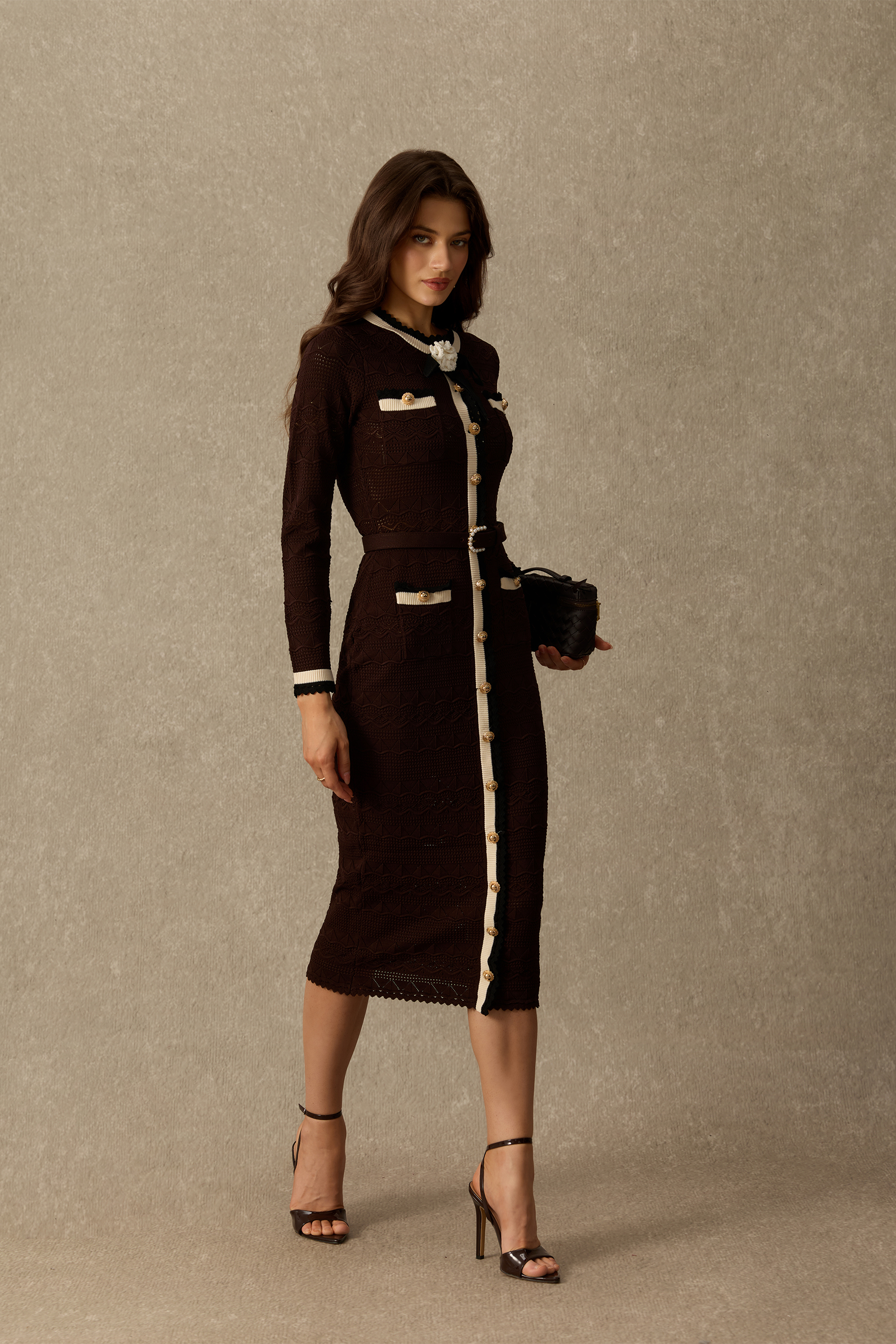 Miss Charming Contrast Trim Textured Knit Midi Dress