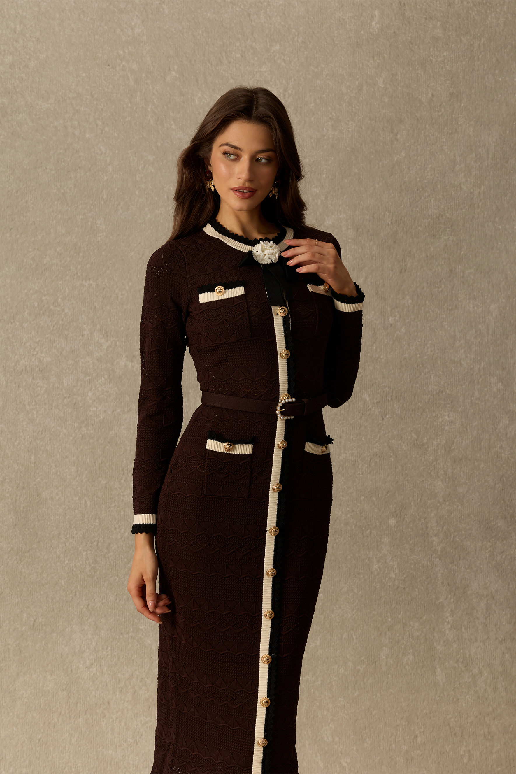 Miss Charming Contrast Trim Textured Knit Midi Dress