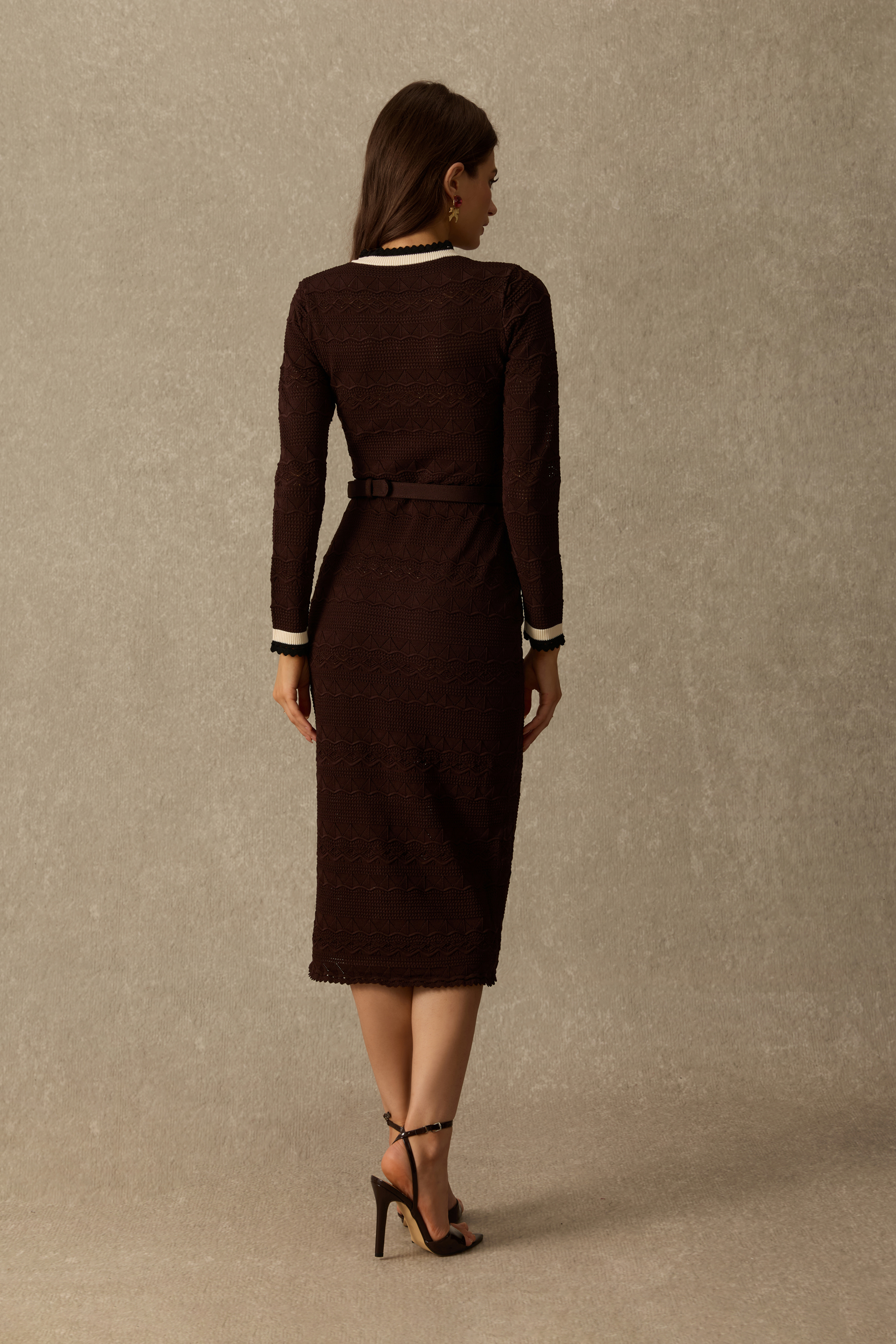 Miss Charming Contrast Trim Textured Knit Midi Dress