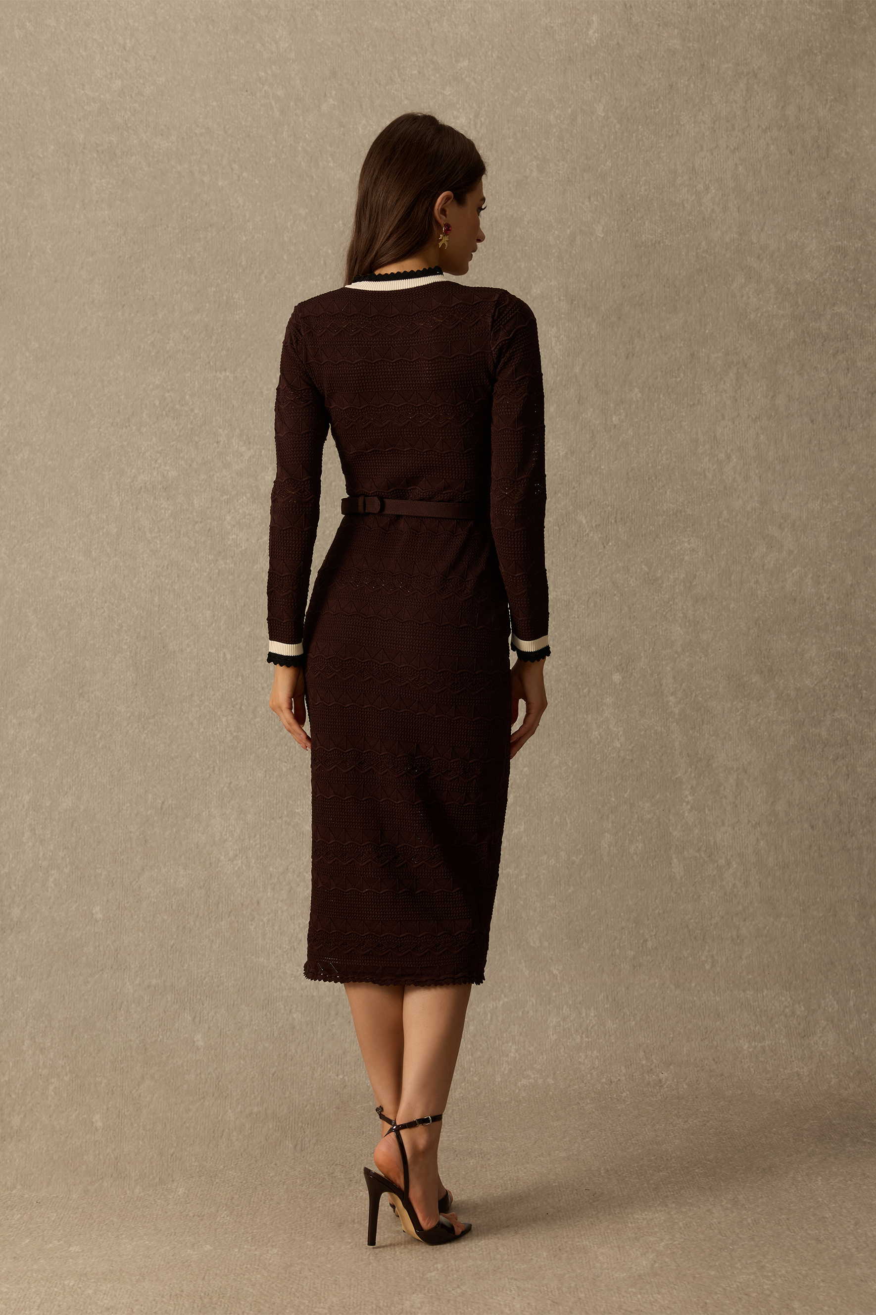 Miss Charming Contrast Trim Textured Knit Midi Dress