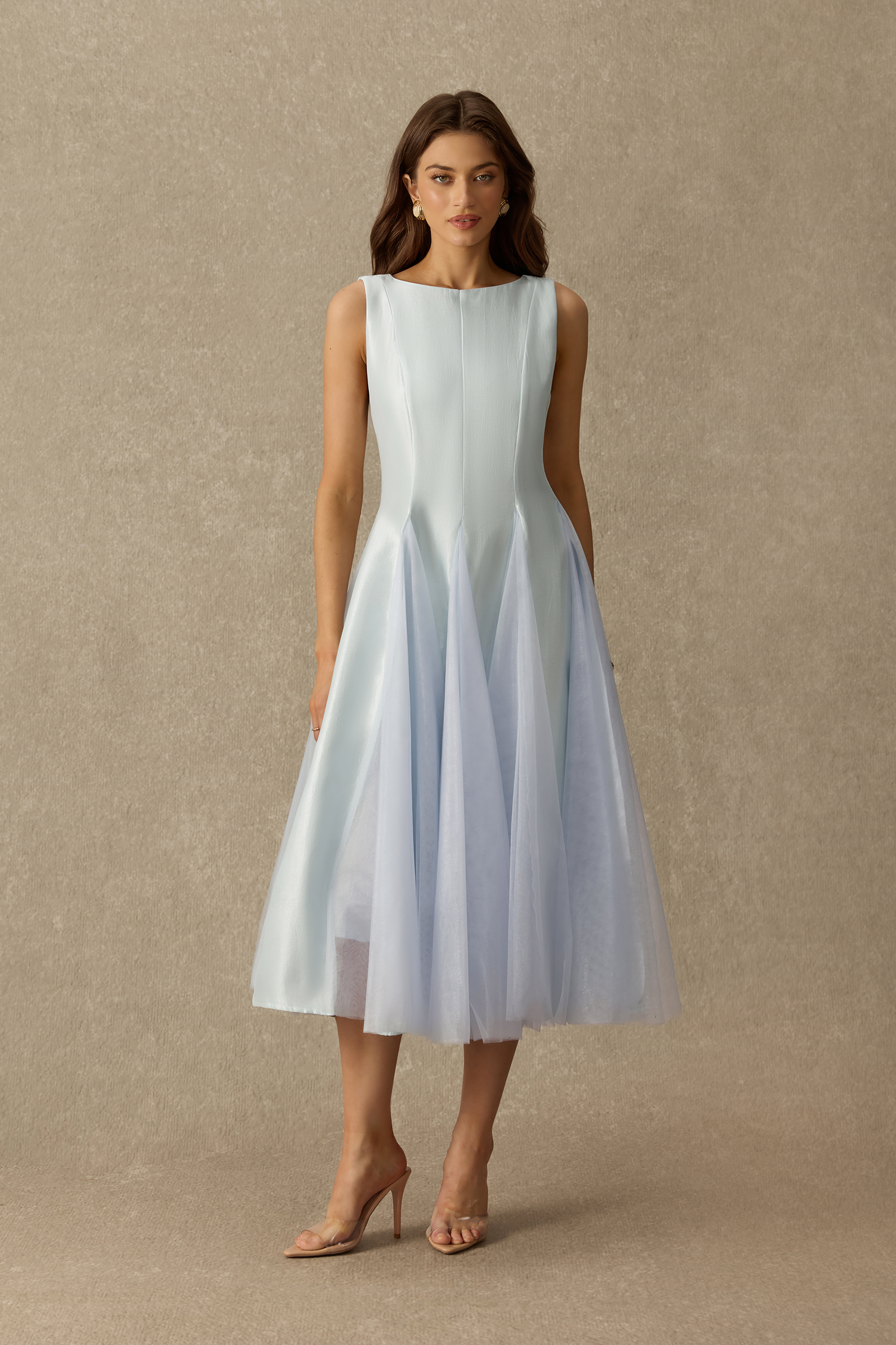 Sweet Lullaby Sleeveless Tulle Panel Midi Dress