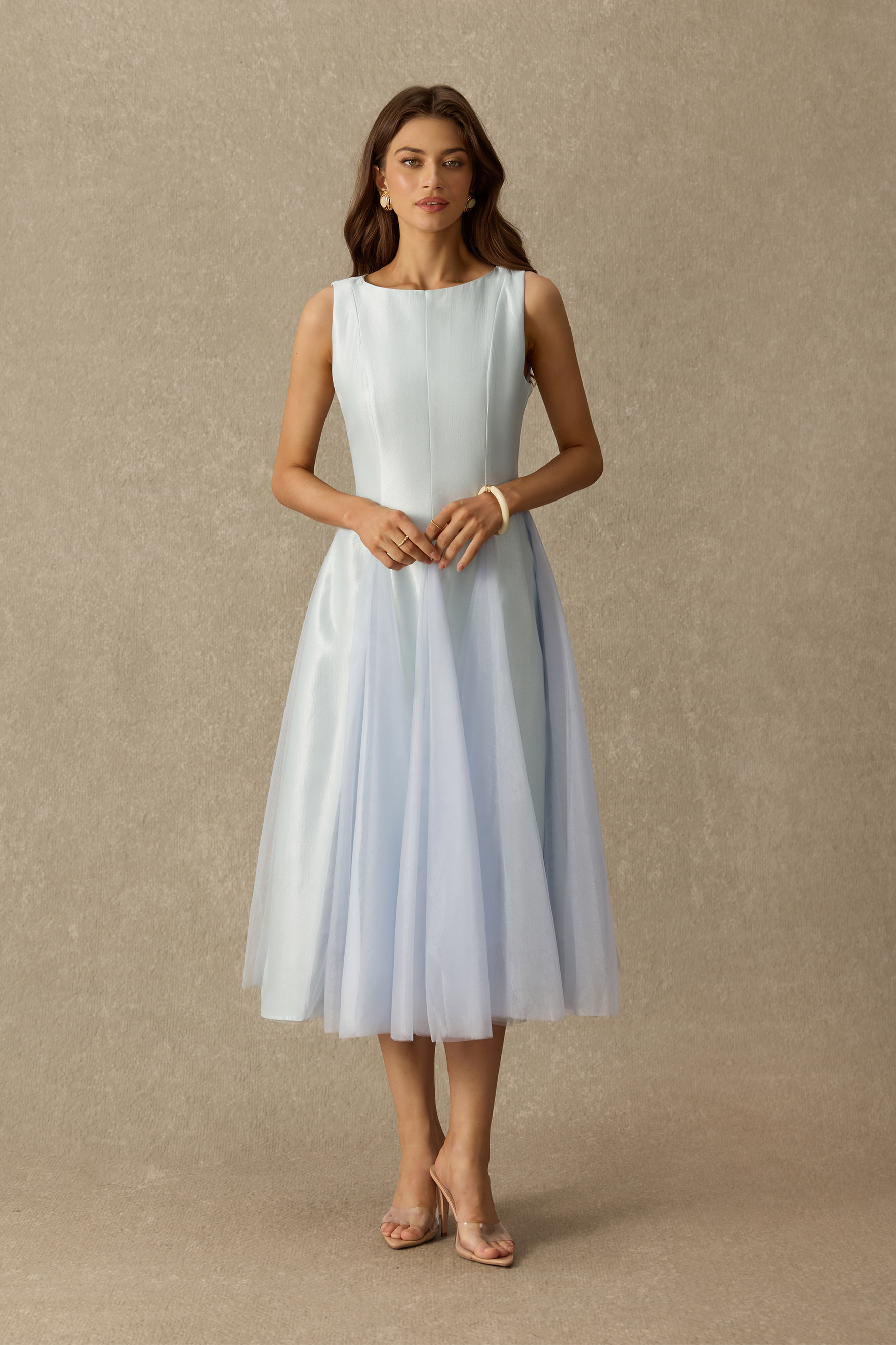 Sweet Lullaby Sleeveless Tulle Panel Midi Dress
