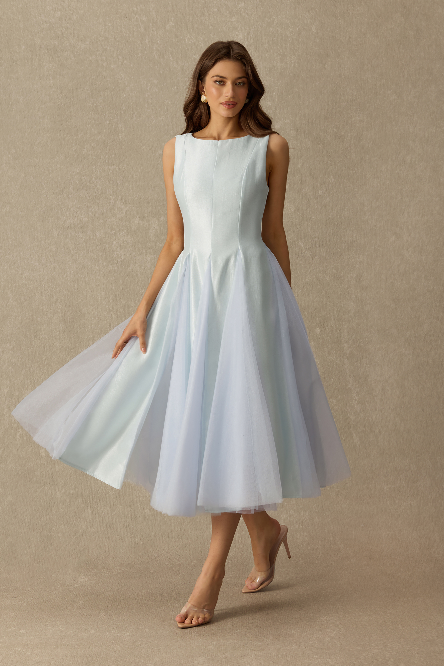 Sweet Lullaby Sleeveless Tulle Panel Midi Dress