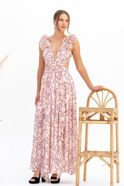 dresses-Suzanne Floral Printed Cut-out Maxi Dress-SD00604182706-Pink-S - Sunfere