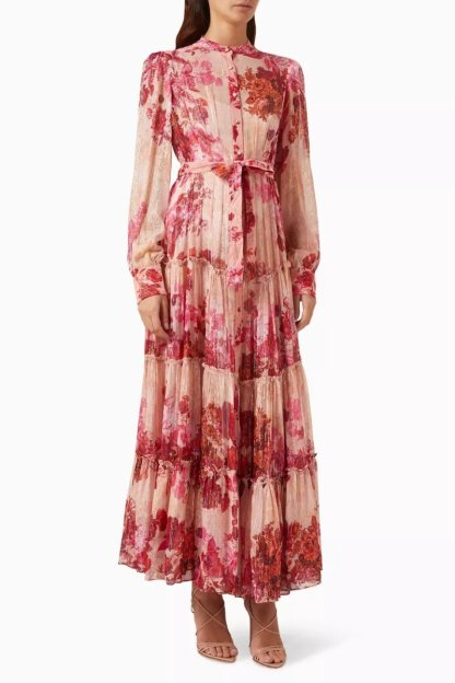 dresses-Sylvia Floral Long Sleeve Maxi Dress-SD00604092648-Hot Pink-S - Sunfere